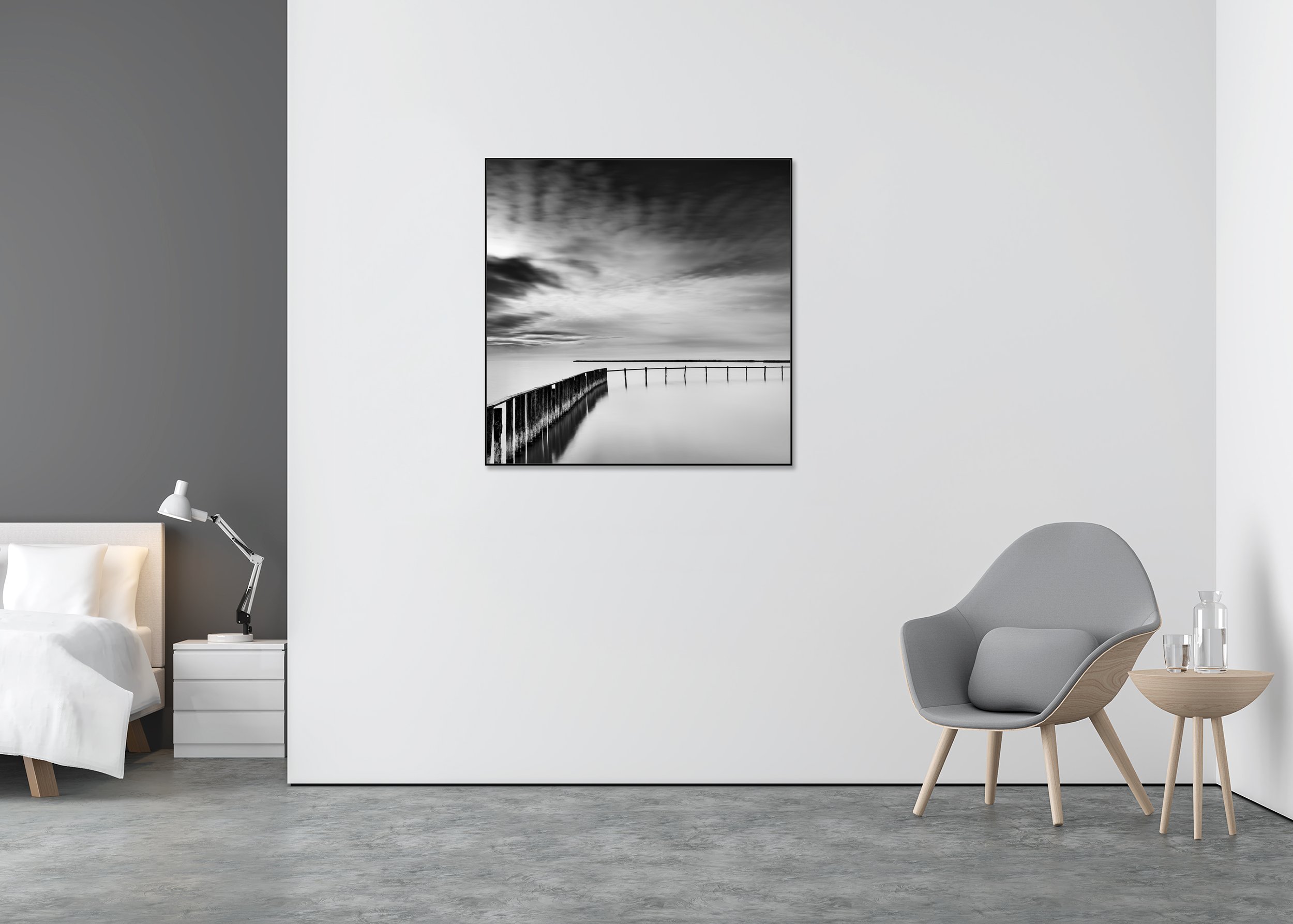 Swimming Area Study 3 displayed in a minimalist bedroom as a black-and-white aluminium Dibond print in a black ArtBox frame by Gerald Berghammer.
