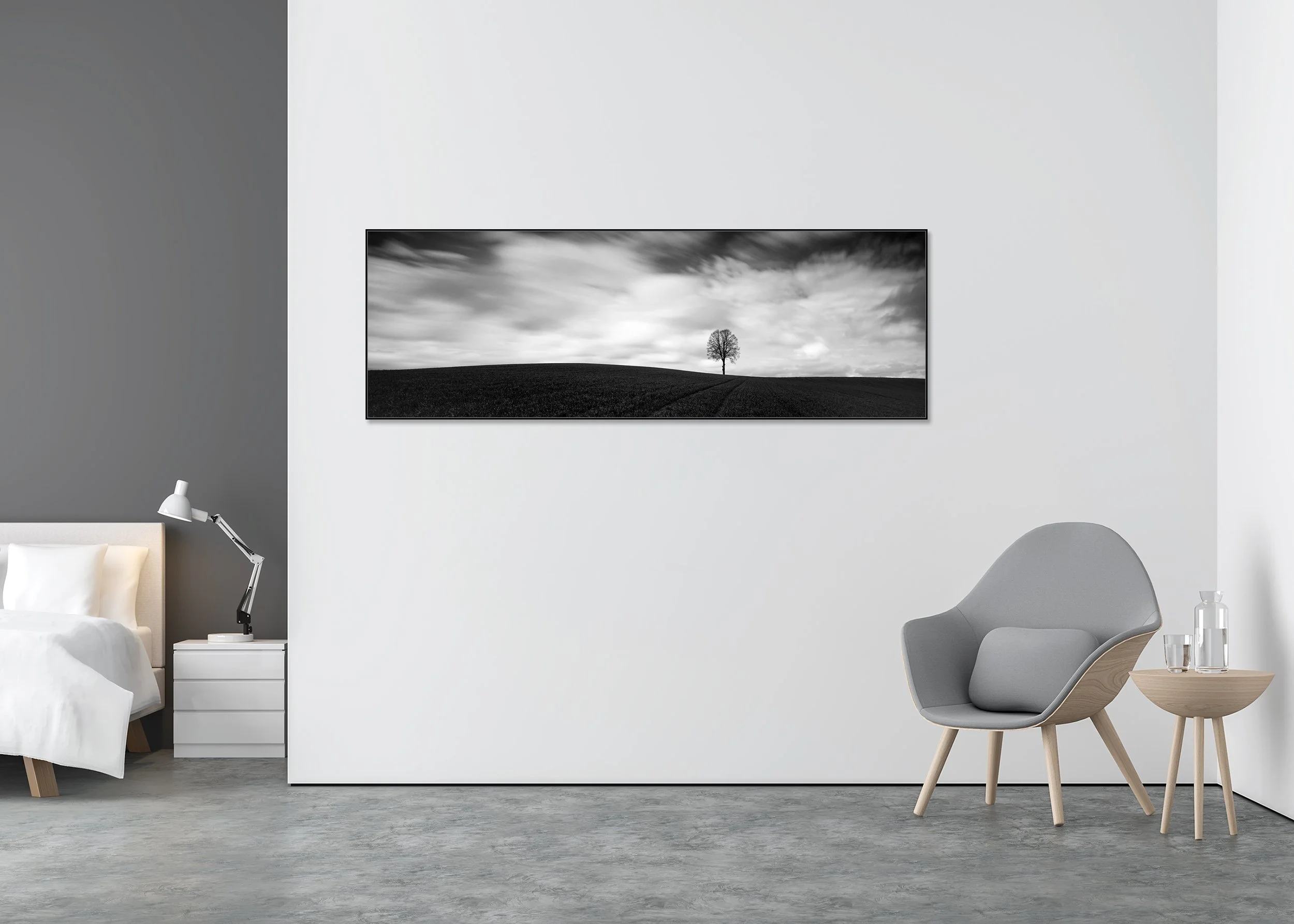 Farmland Panorama Study 1 displayed in a modern interior as a black-and-white Dibond print in a black aluminium ArtBox by Gerald Berghammer.