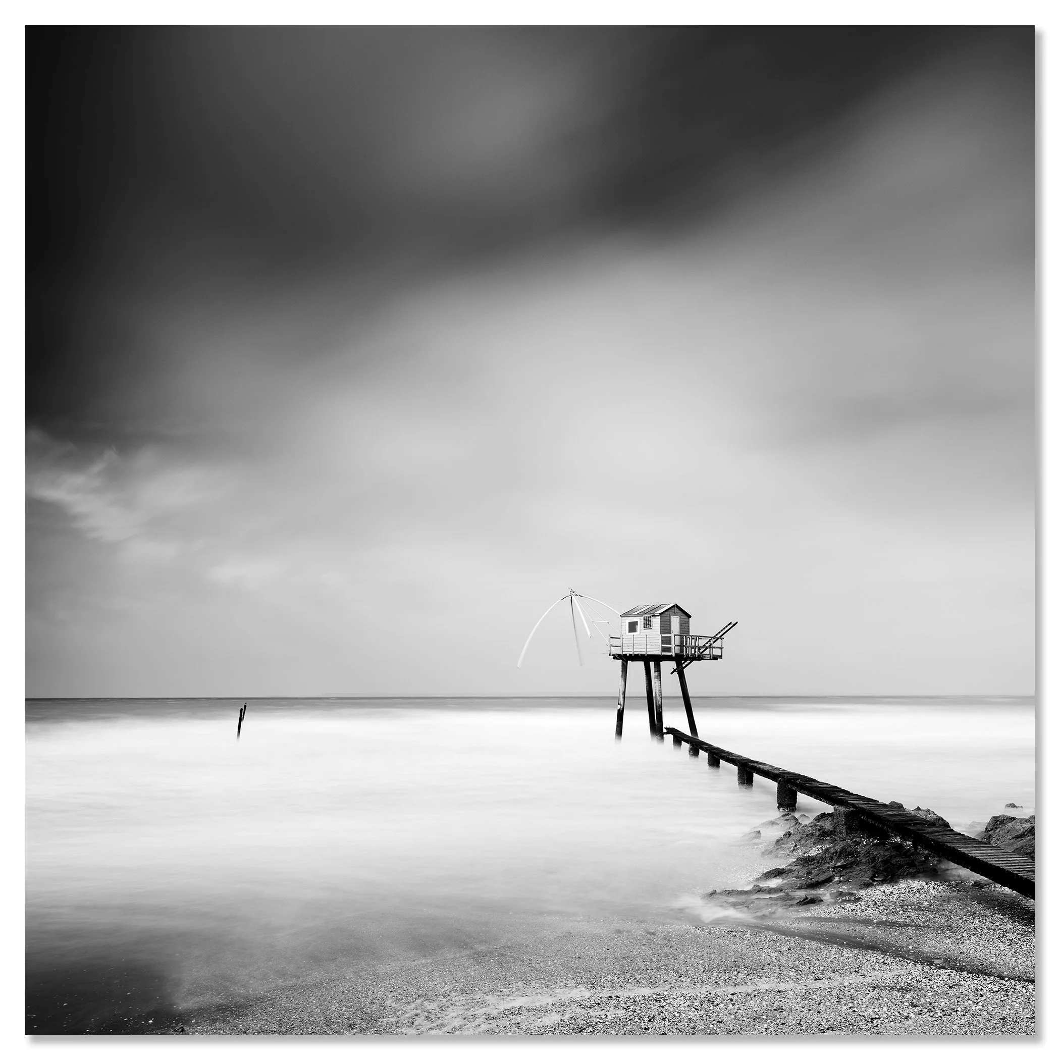 Fishing Hut on Stilts Study 8 by Gerald Berghammer, black-and-white photograph mounted frameless on aluminium Dibond.