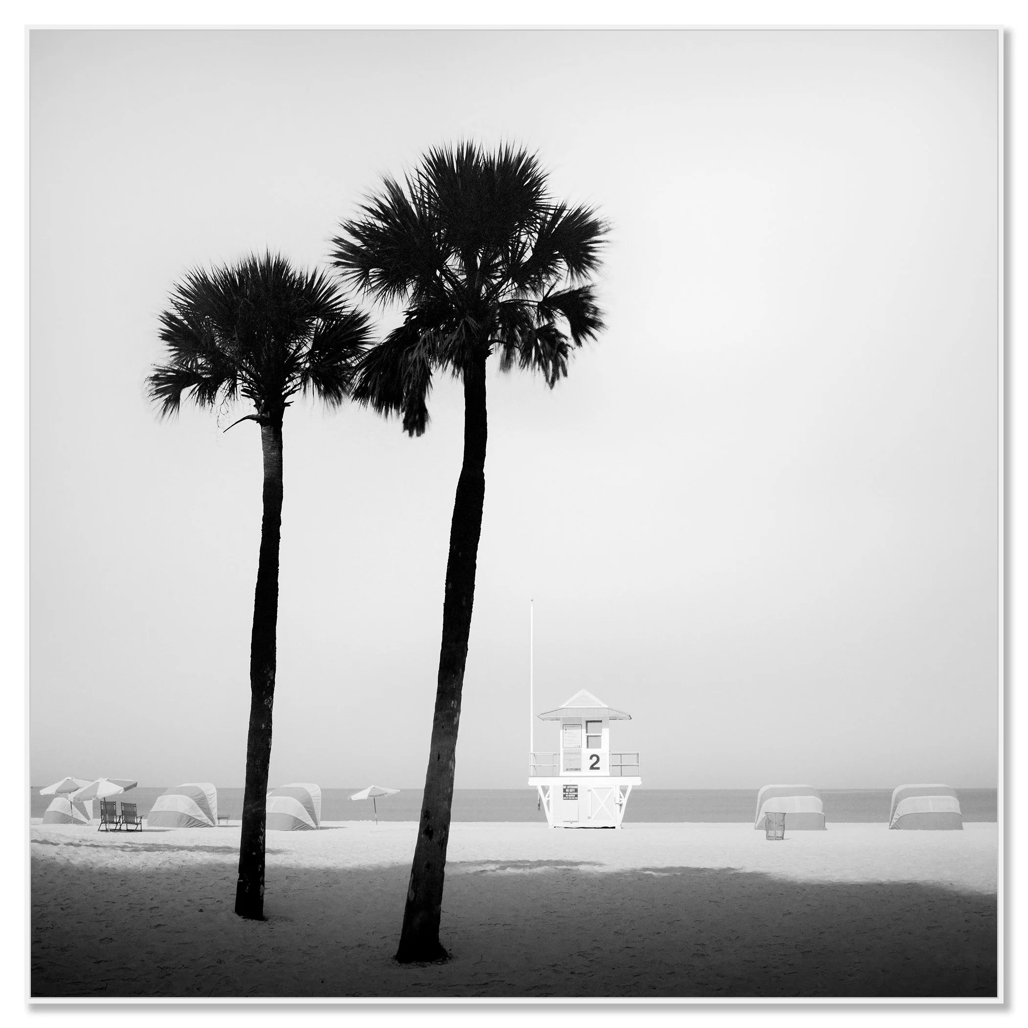 Lifeguard Tower Study 2 shown as a black-and-white Dibond print in a white aluminium ArtBox by Gerald Berghammer.
