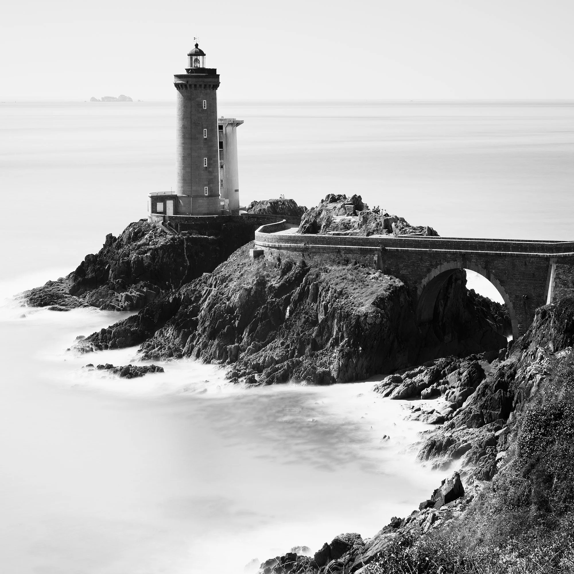 Cropped detail of Phare du Petit Minou Study 1 by Gerald Berghammer, showing the lighthouse, sea and rocky Brittany coastline.