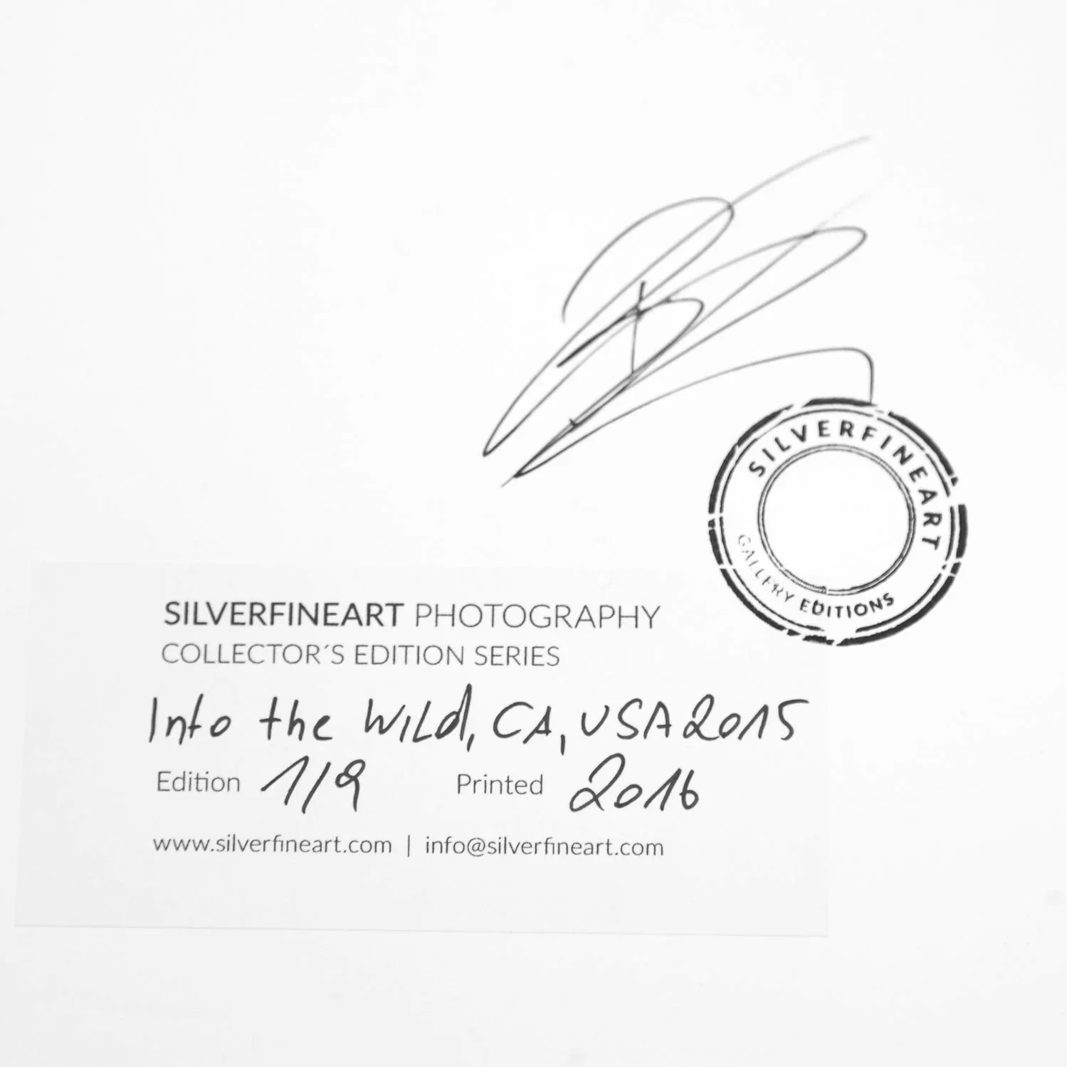 Close-up of Gerald Berghammer's signature, SILVERFINEART stamp and edition 1/9 identification for Into the Wild, printed in 2016.