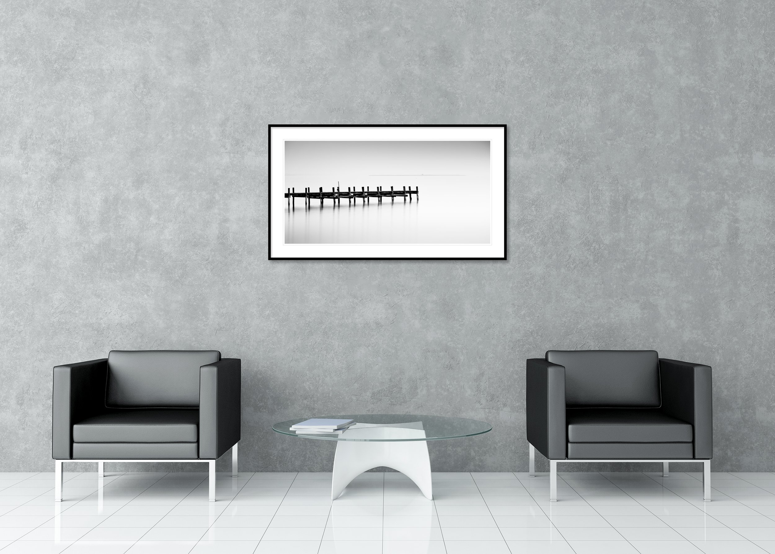 Foggy Wooden Dock Panorama Study 1 shown as an archival pigment print in a classic frame with mount and anti-reflective glass.