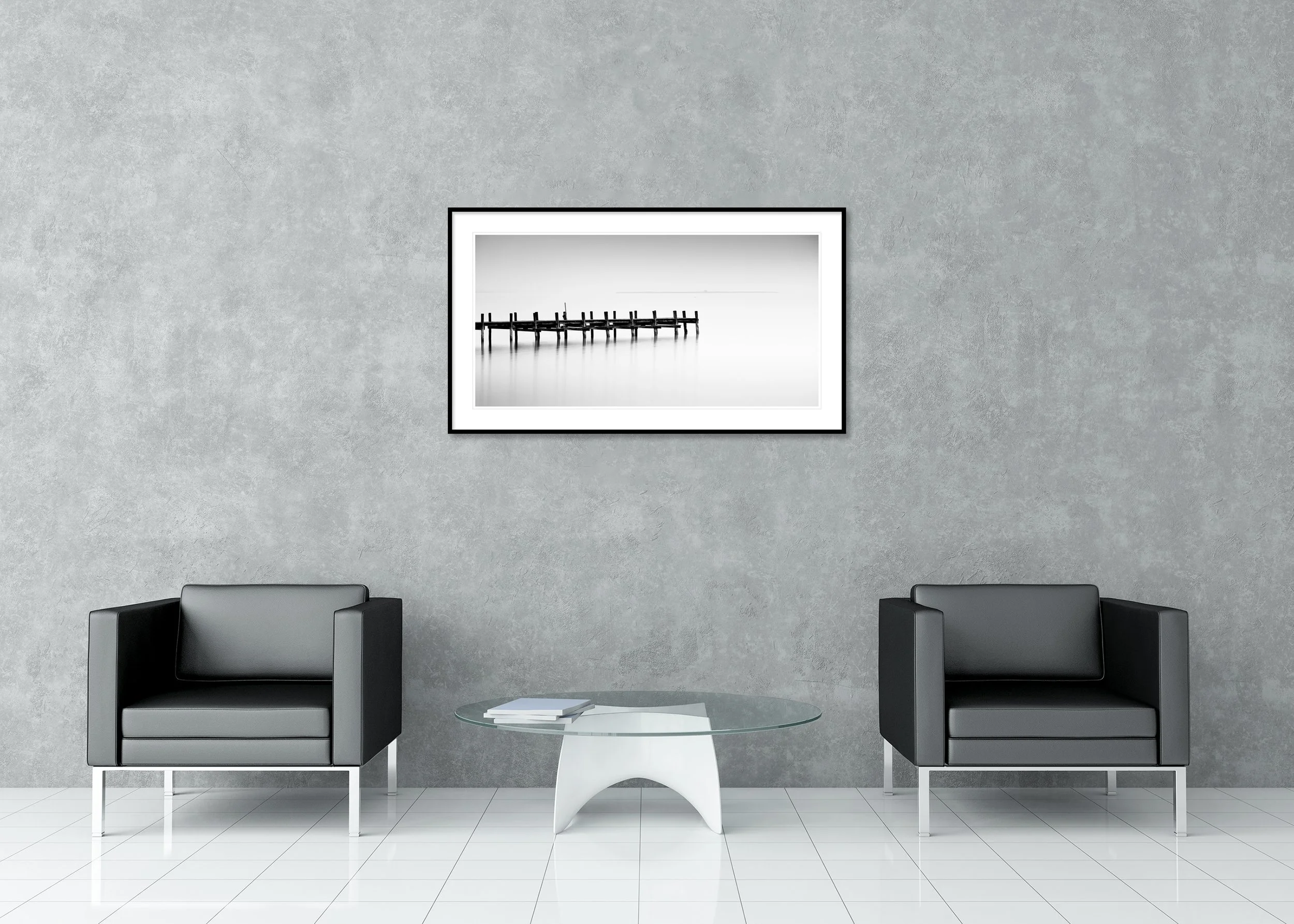 Gerald Berghammer - Foggy Wooden Dock Panorama, waterscape, lakeside, Austria, Archival pigment print, aluminium frame, passe-partout, anti reflex glass
