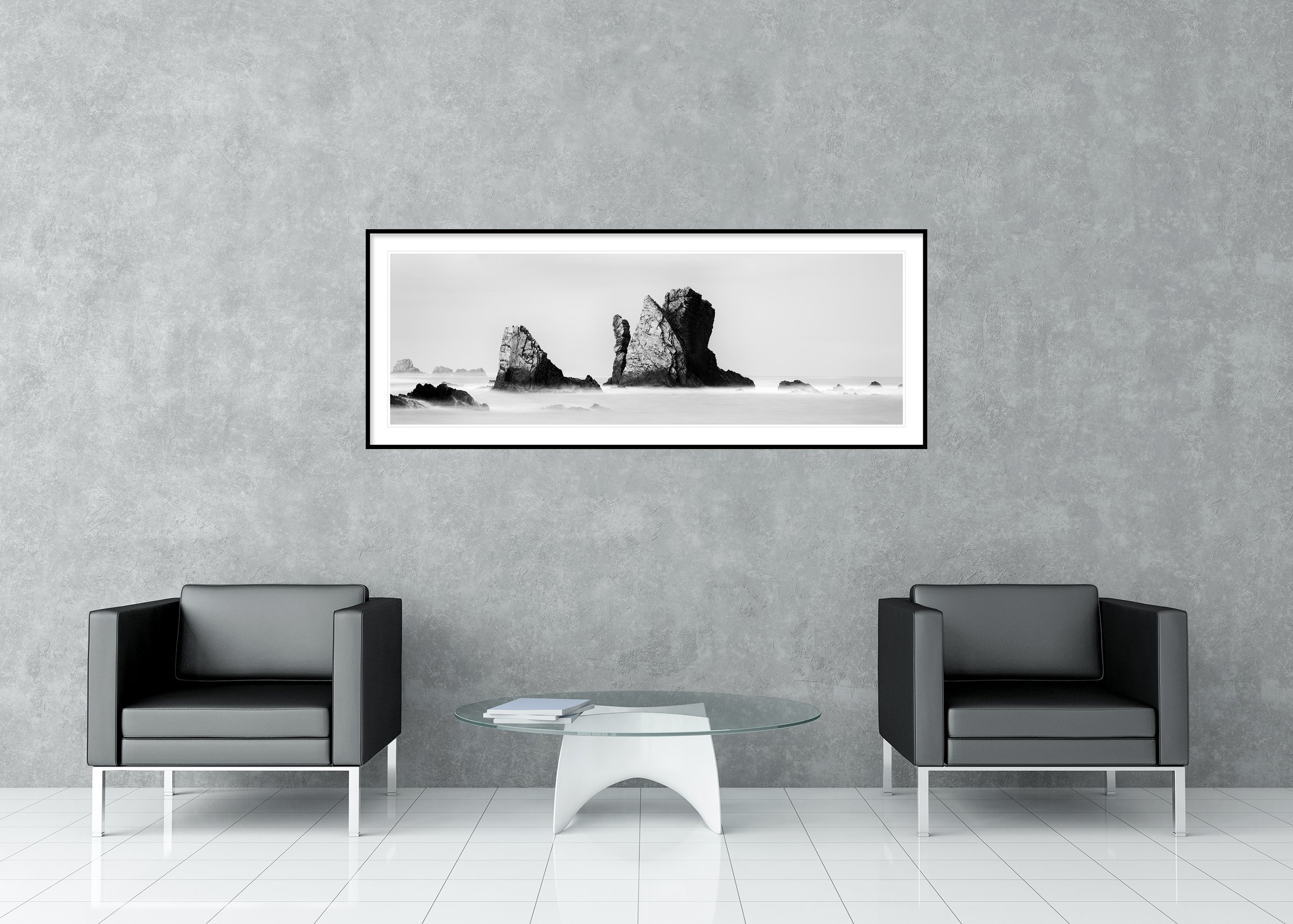 Long exposure black and white coastal landscape with sea stacks and ocean mist, archival pigment print in a classic frame with a mount