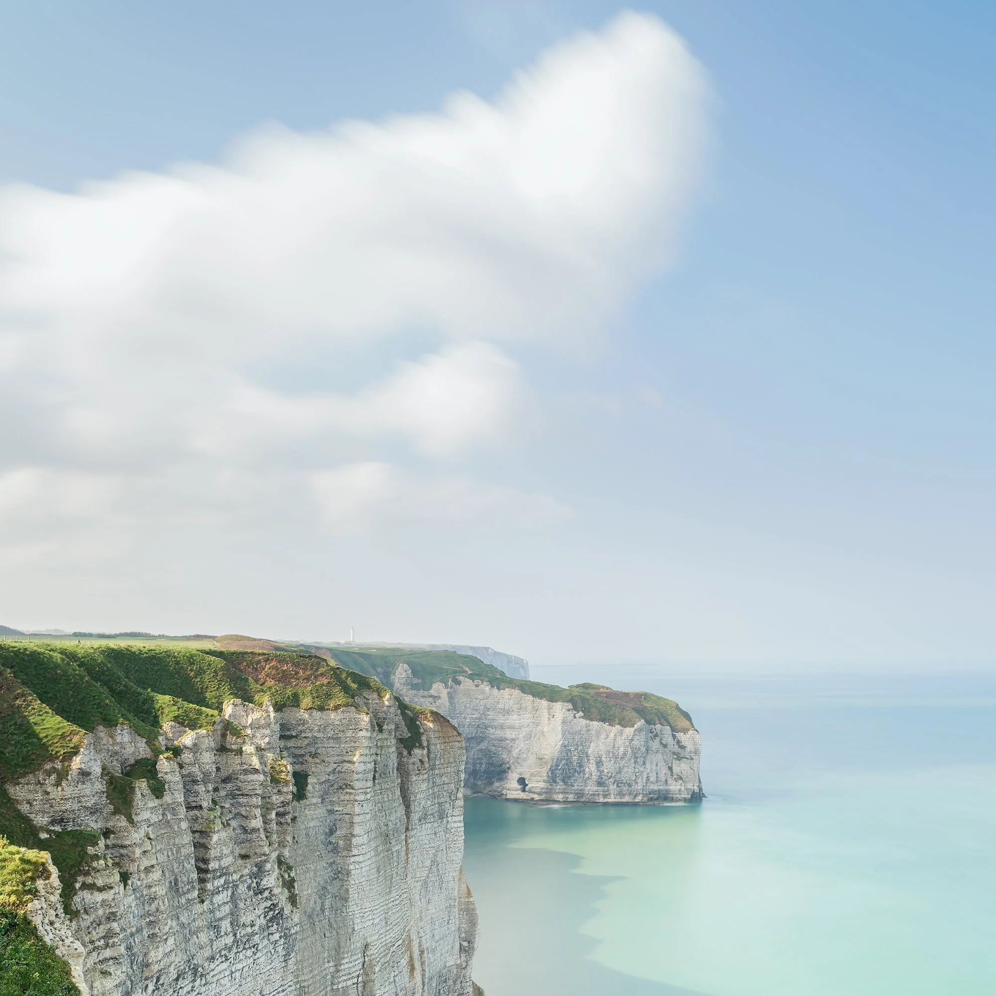 Close-up of White Cliffs of Étretat Study 2 showing the chalk cliffs, green headland and softly rendered sky.