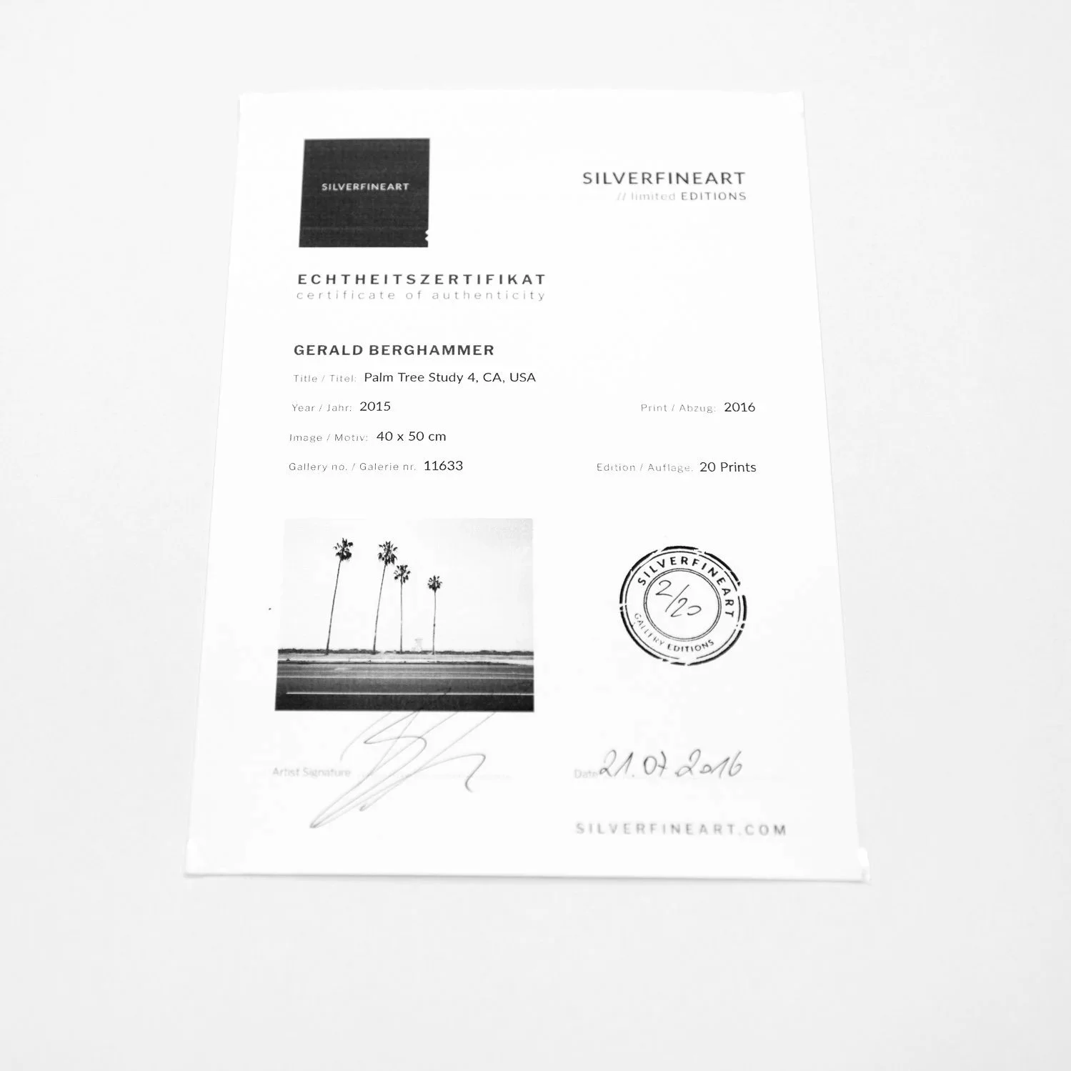 Certificate of Authenticity for Palm Tree Study 4 by Gerald Berghammer, photographed 2015, printed 2016.