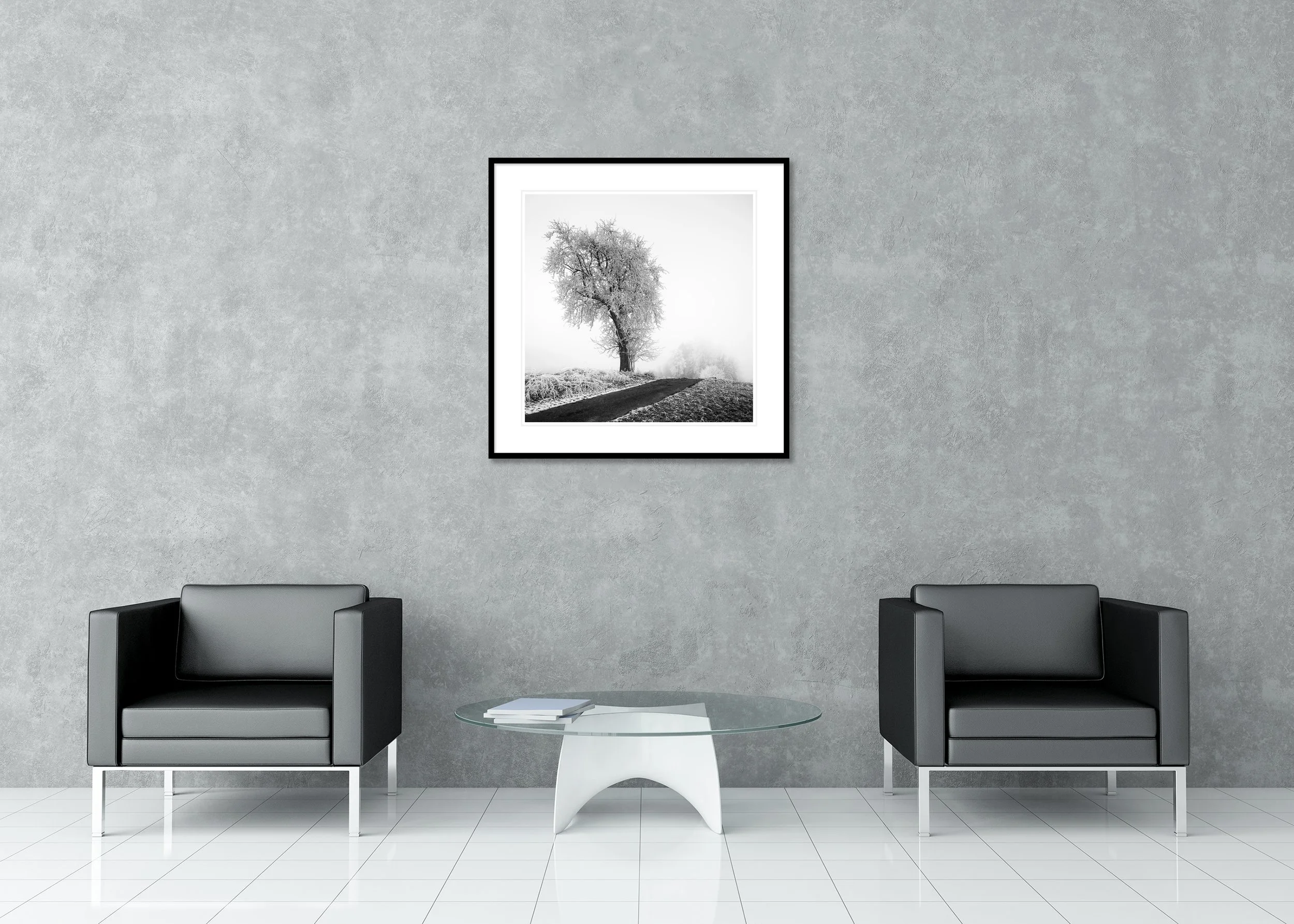 Minimalist black-and-white winter landscape with a frost-covered tree beside a quiet rural road in soft fog, archival pigment print in a classic frame with a mount.