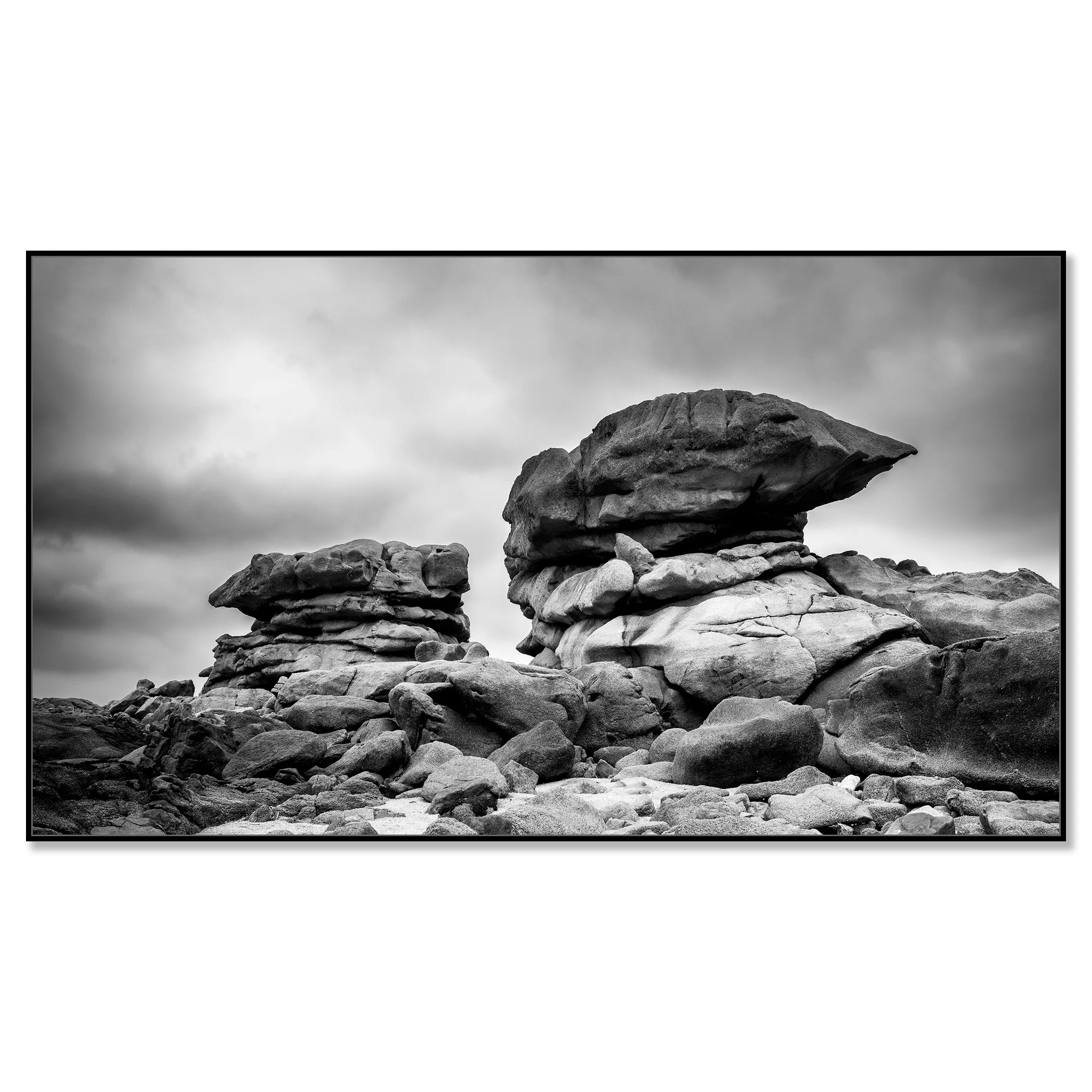 Pink Granite Coast Panorama Study 1, black-and-white Dibond print in a black aluminium ArtBox frame by Gerald Berghammer.