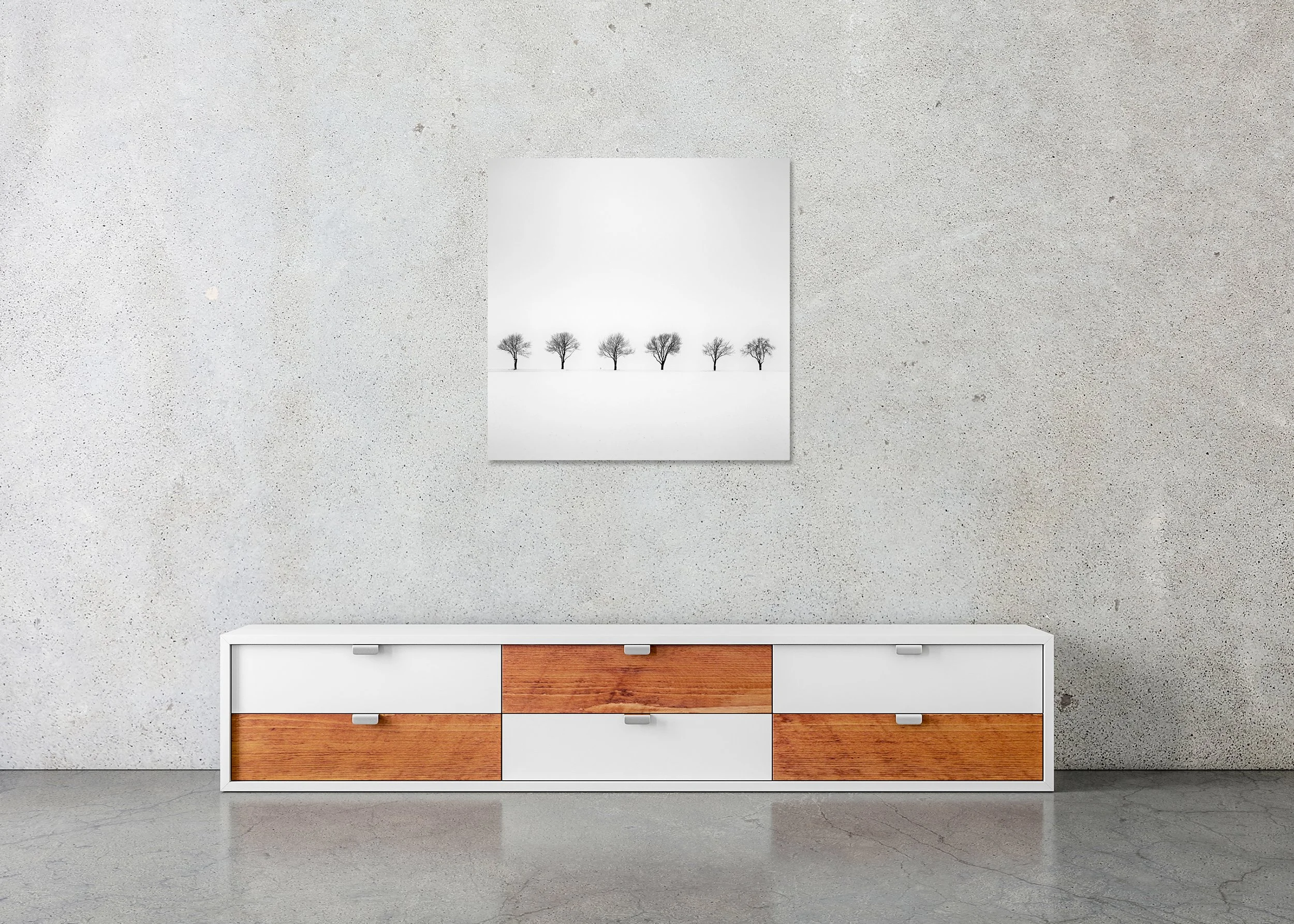 Trees in Snowy Field – Study 1 displayed in a modern interior as a frameless black-and-white print mounted on aluminium Dibond by Gerald Berghammer.
