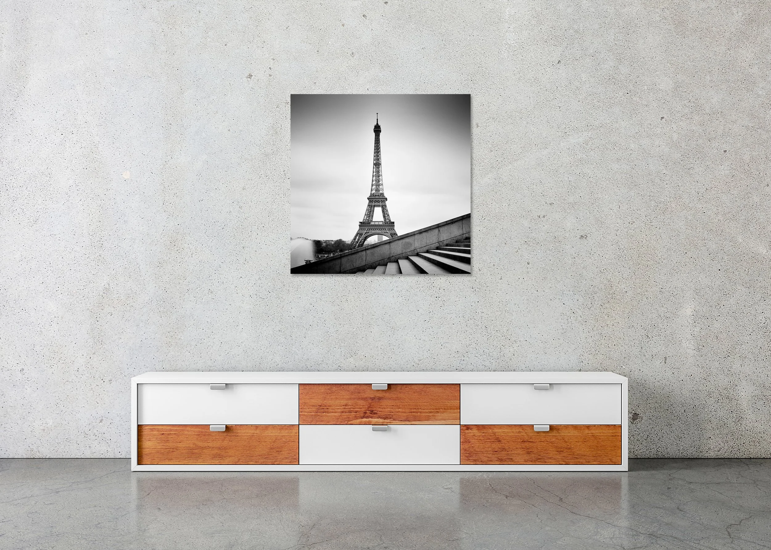 Eiffel Tower Study 13 displayed in a modern interior as a frameless black-and-white aluminium Dibond print by Gerald Berghammer.