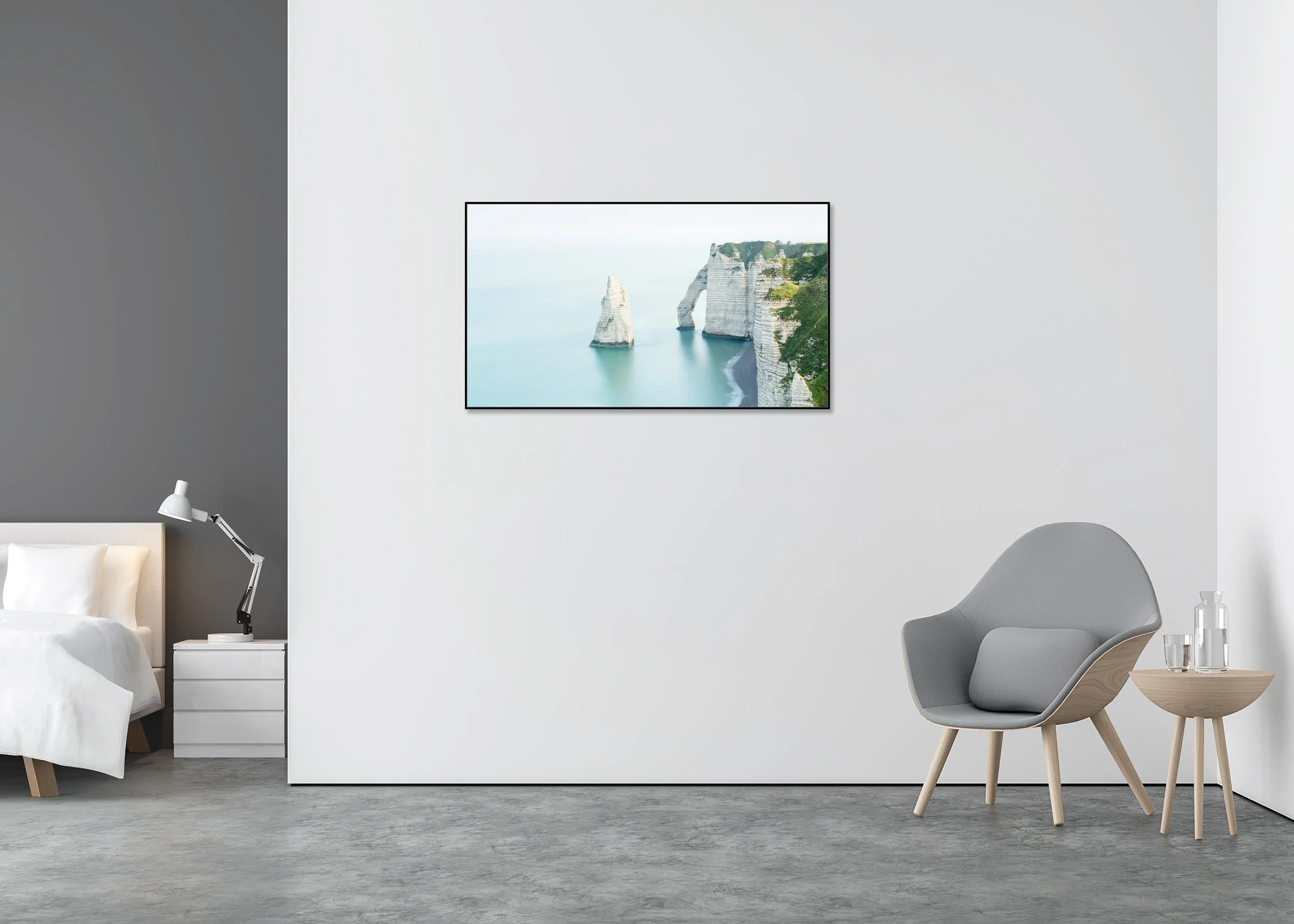 White Cliffs, Panorama Study 1 – colour photograph in a black aluminium ArtBox displayed in a minimalist bedroom. Photo by Gerald Berghammer.