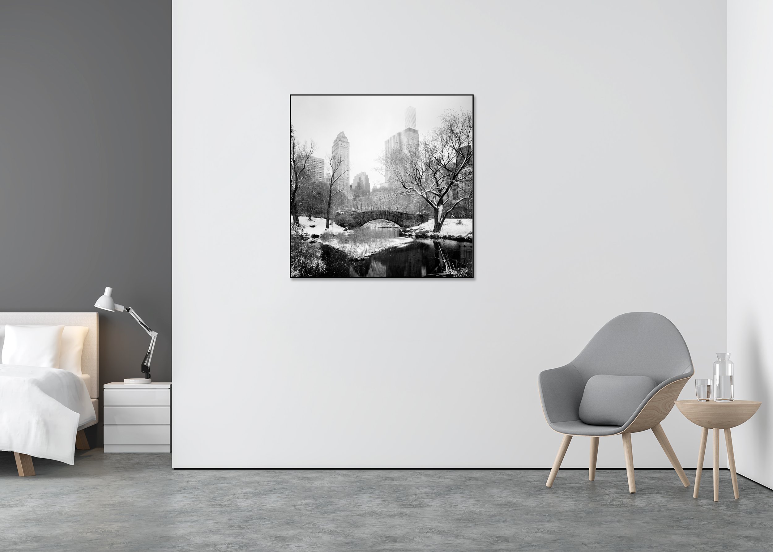 Black and white photo print of a winter stone bridge in Central Park with snow-covered trees, mounted to Dibond in an aluminium ArtBox