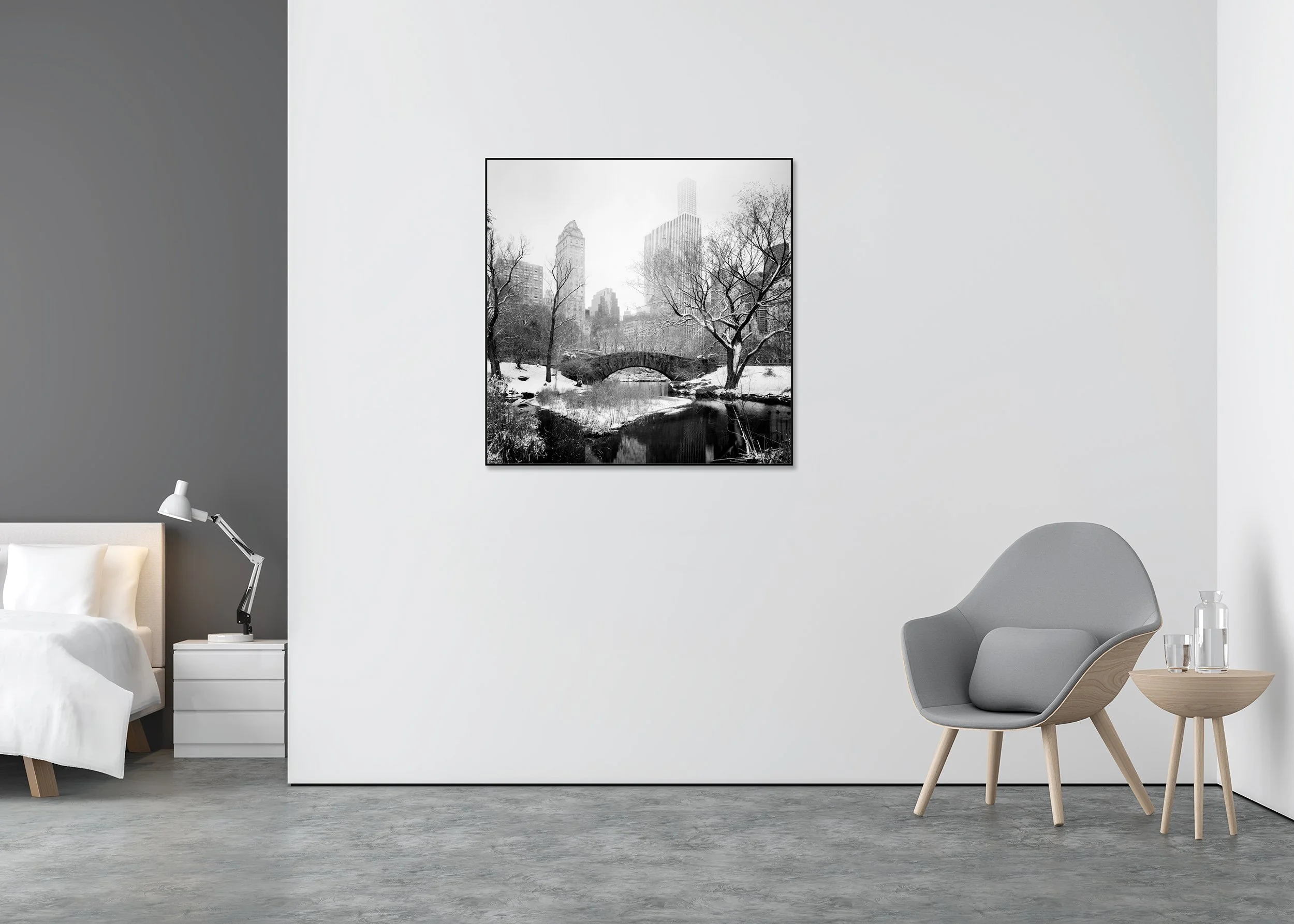 Snow-Covered Central Park Study 5 displayed in a modern interior, mounted on aluminium Dibond in a black ArtBox frame by Gerald Berghammer.