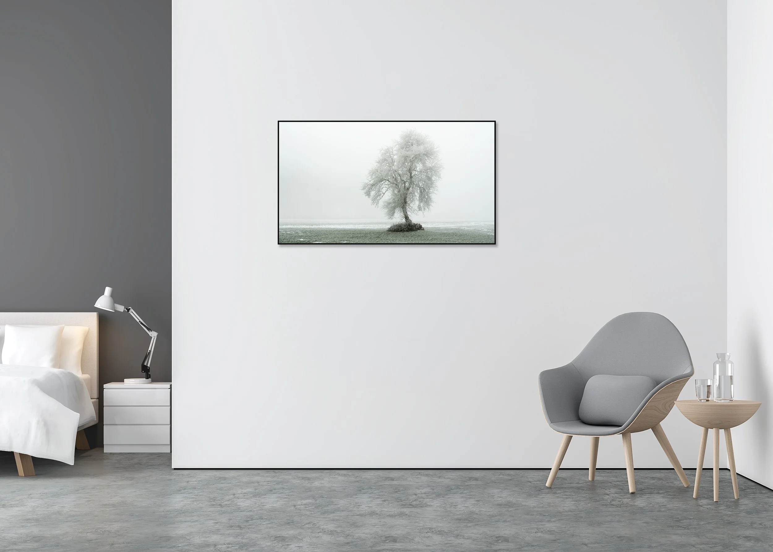 Tree with Hoar Frost Panorama Study 1 displayed in a modern interior as a colour Dibond print in a black aluminium ArtBox frame by Gerald Berghammer.