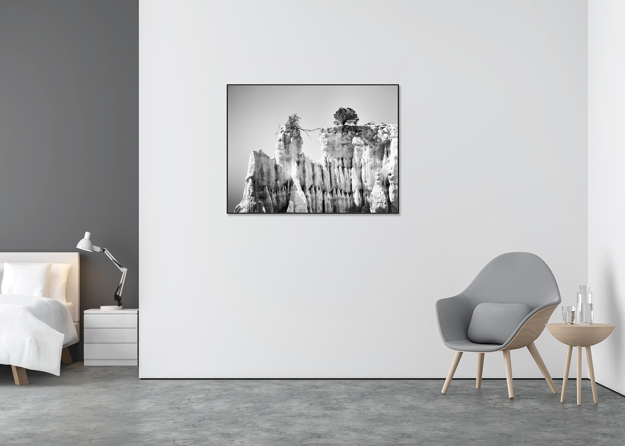 Monochrome abstract landscape photo print of a rugged cliff with two windswept trees linked by one branch, mounted to Dibond in an aluminium ArtBox.