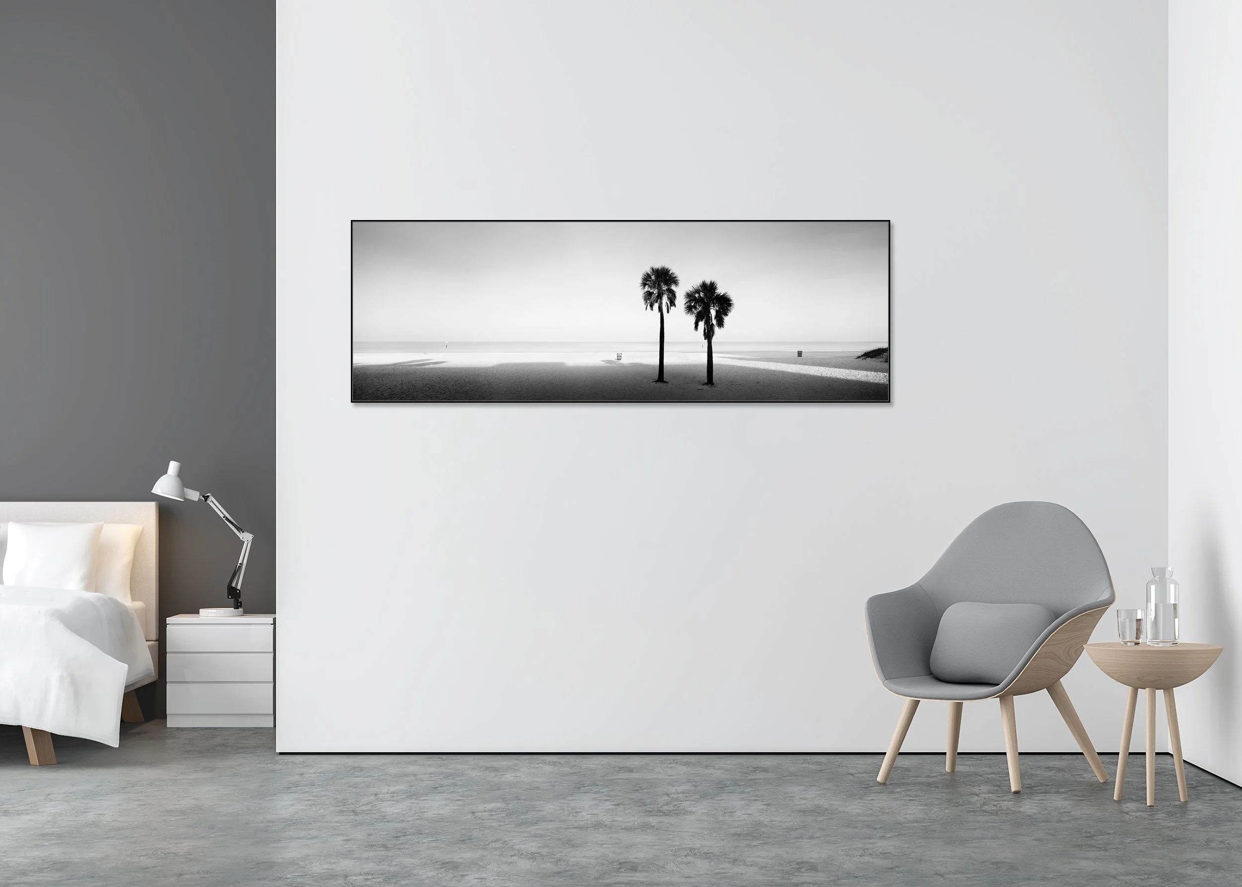 Two Palms Study 1 displayed in a modern interior as a black-and-white Dibond print in a black aluminium ArtBox frame by Gerald Berghammer.