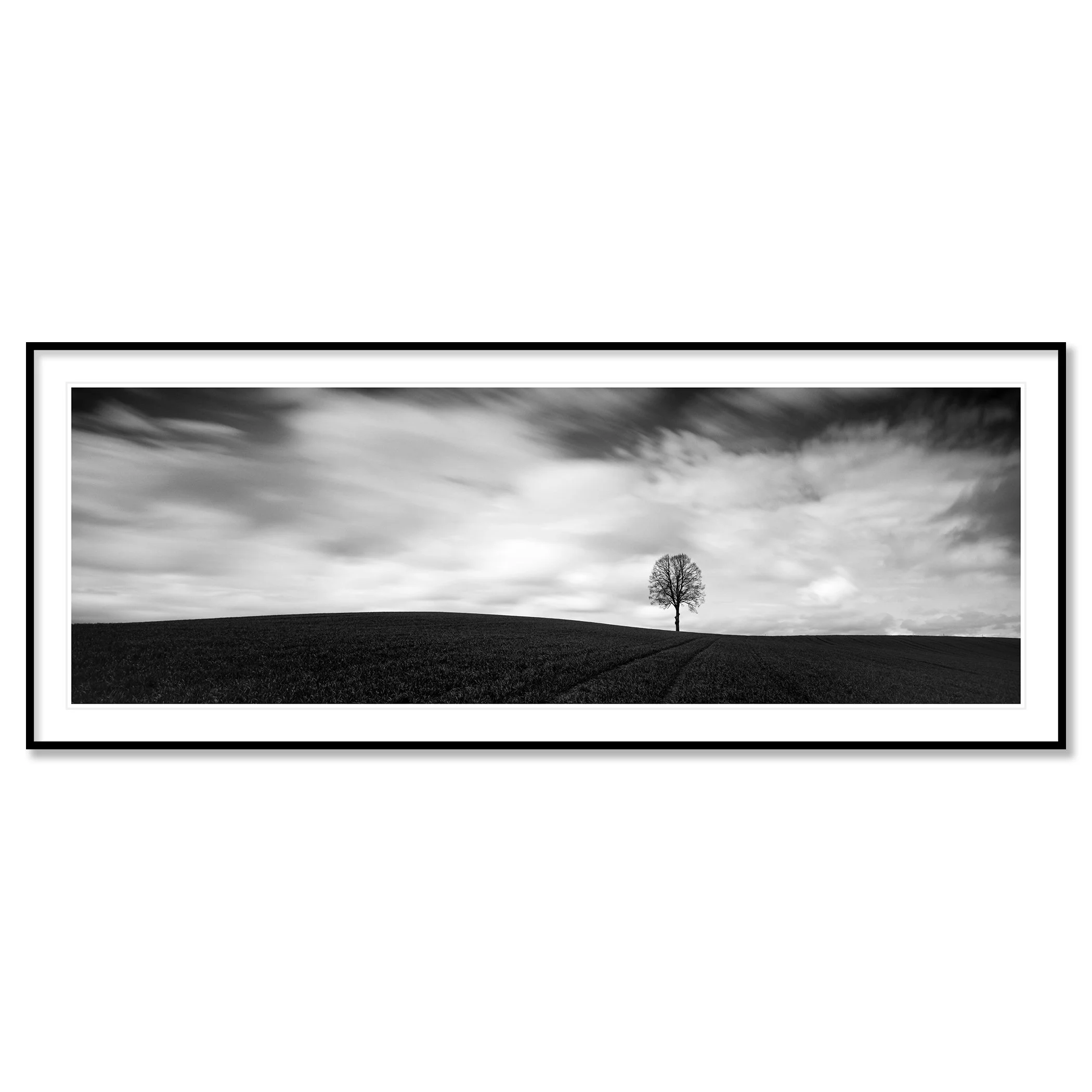 Farmland Panorama Study 1 shown as an archival pigment print in a black aluminium frame with white mount by Gerald Berghammer.