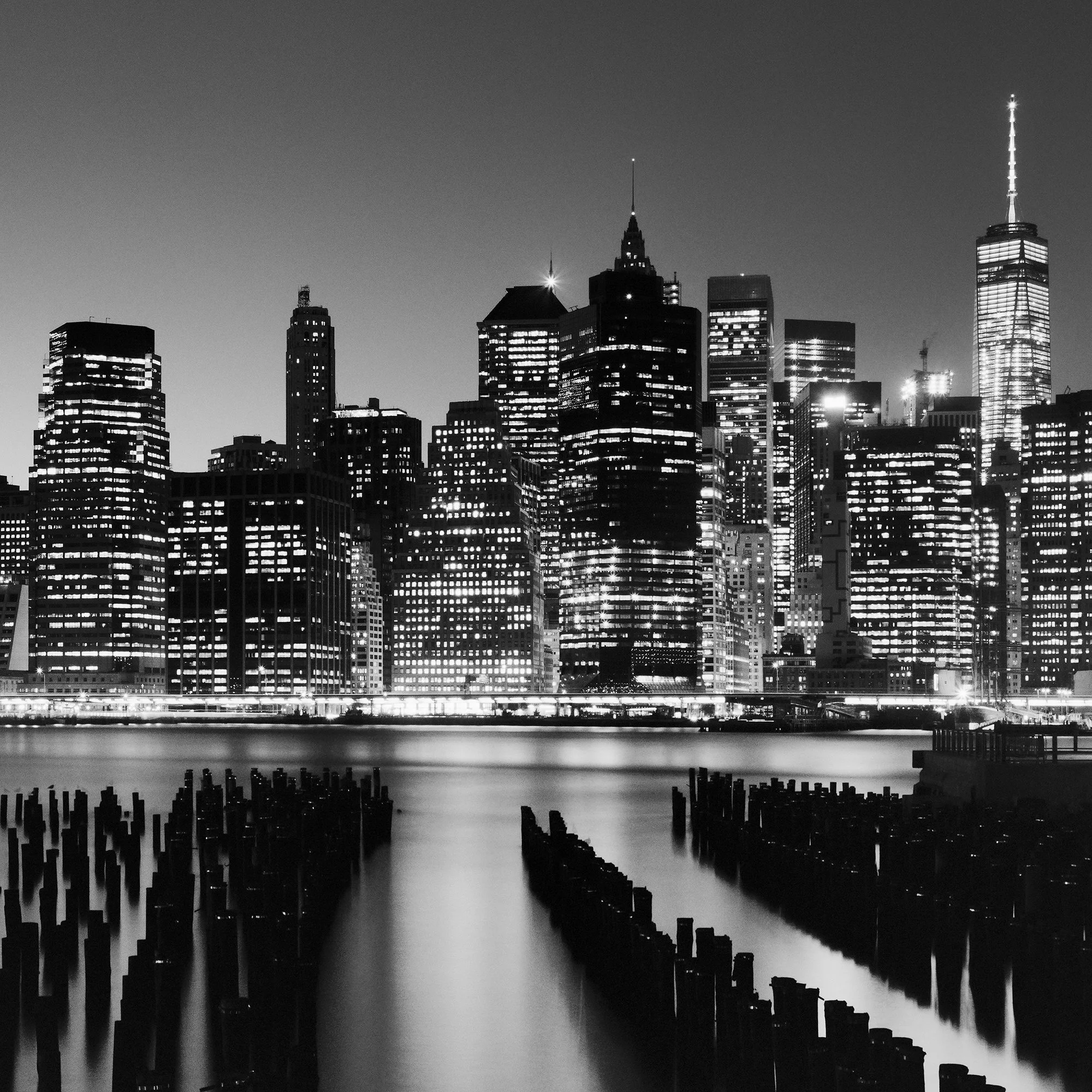 Close detail of Manhattan Skyline Study 1 showing illuminated Lower Manhattan and One World Trade Center.