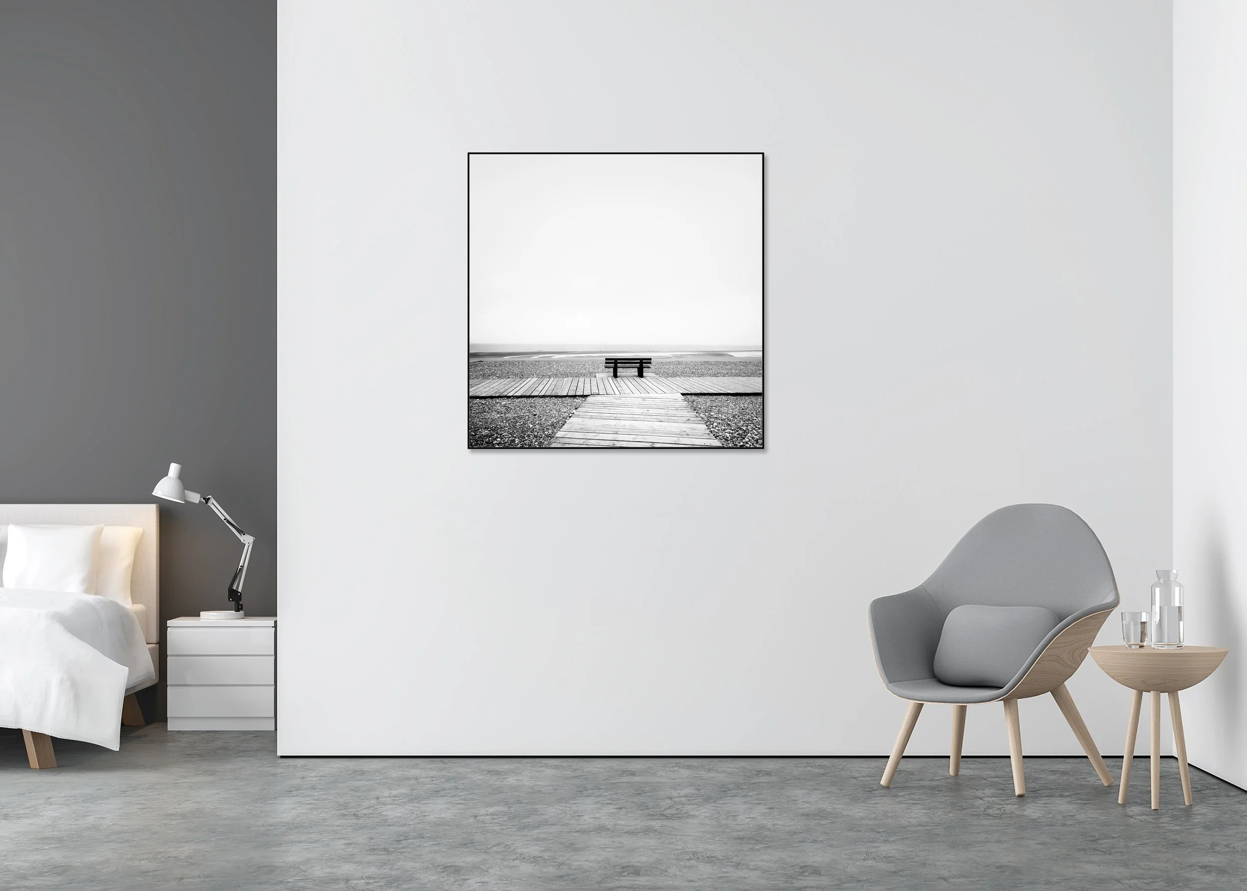 Relaxing Point Study 1 displayed in a modern interior, mounted on aluminium Dibond in a black ArtBox frame by Gerald Berghammer.