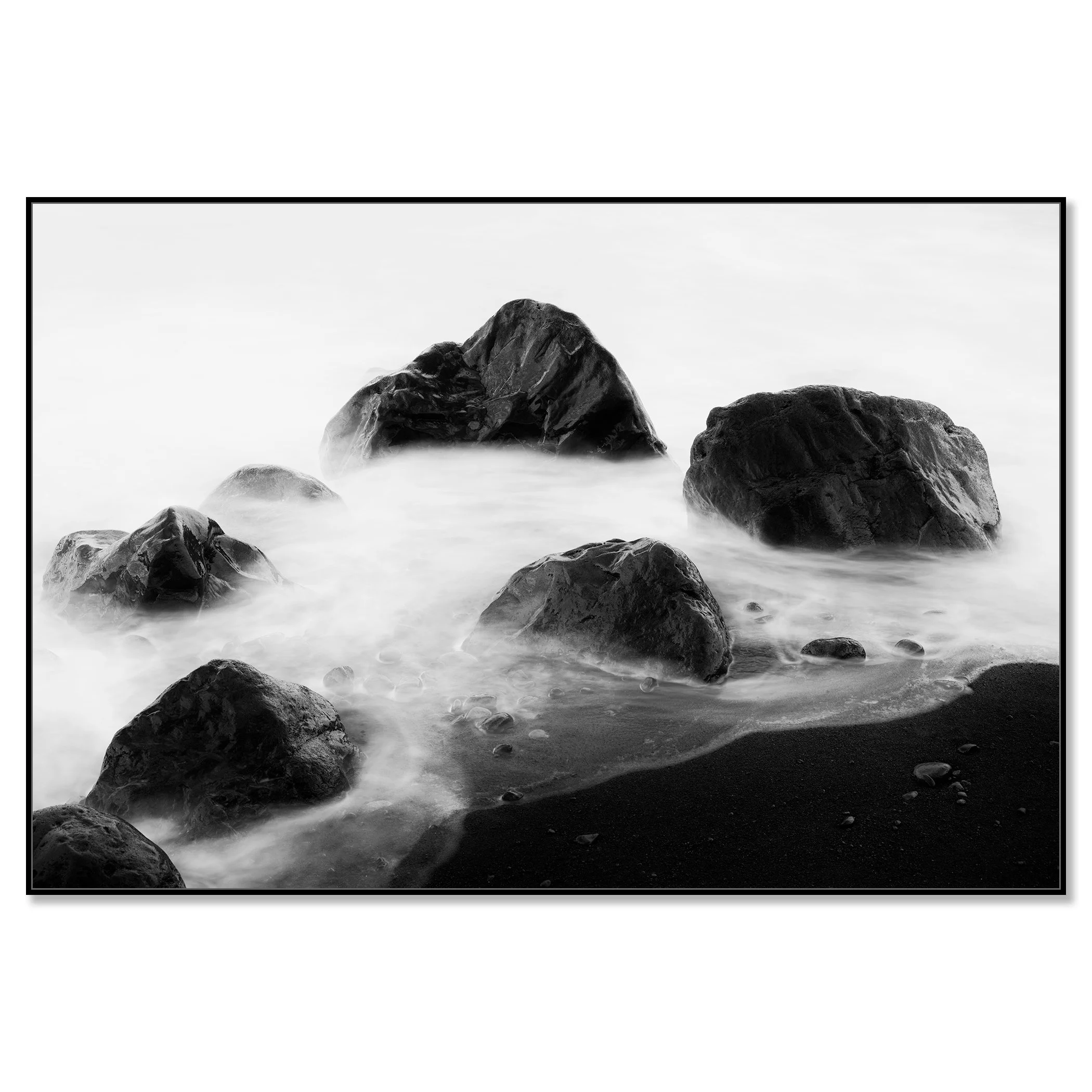 Black Rocks and a Few Stones – Spain, black-and-white Dibond print in a black aluminium ArtBox frame.