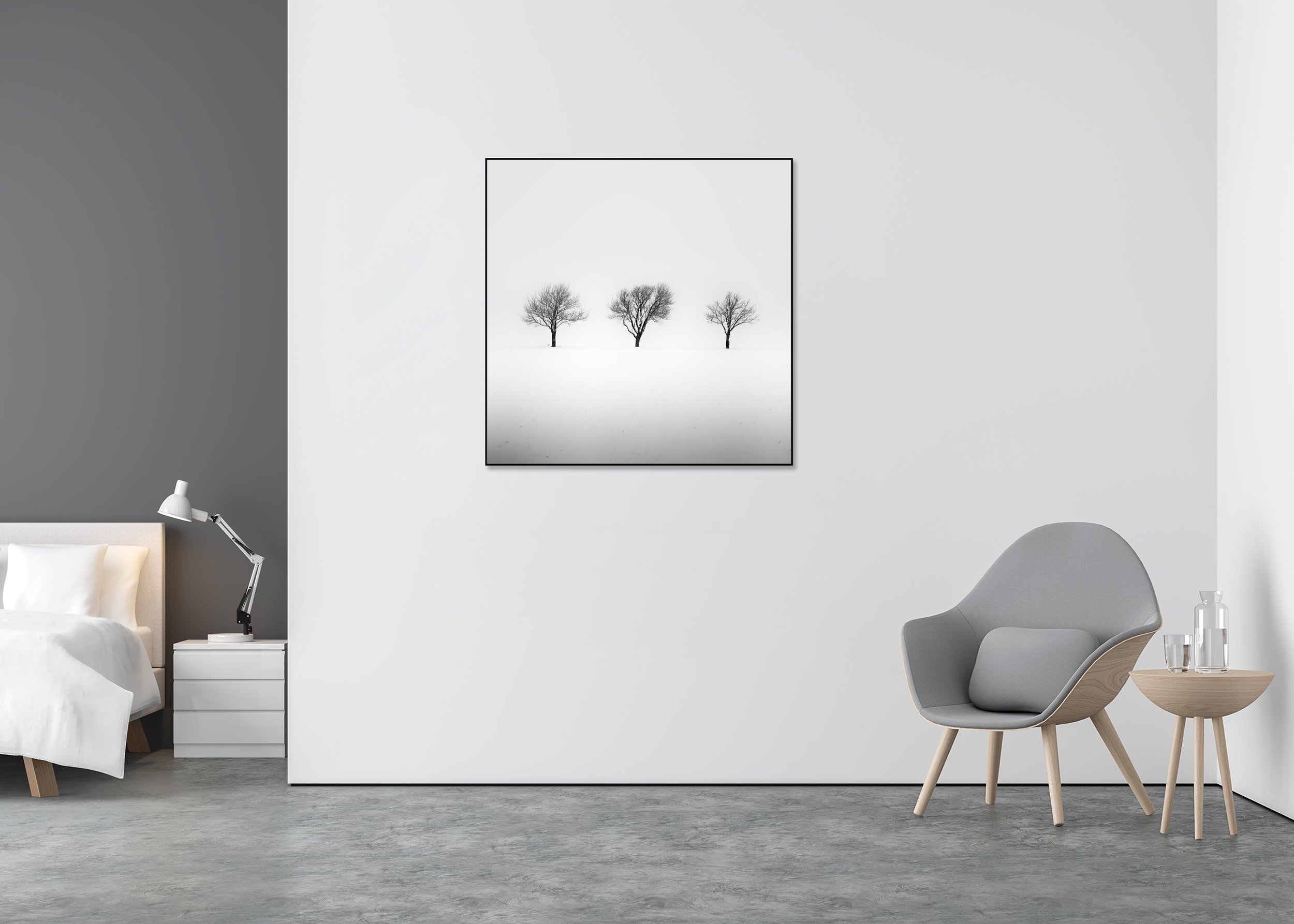 Minimalist monochrome winter landscape in Austria with three trees in snow; photo print mounted to Dibond in an aluminium ArtBox.