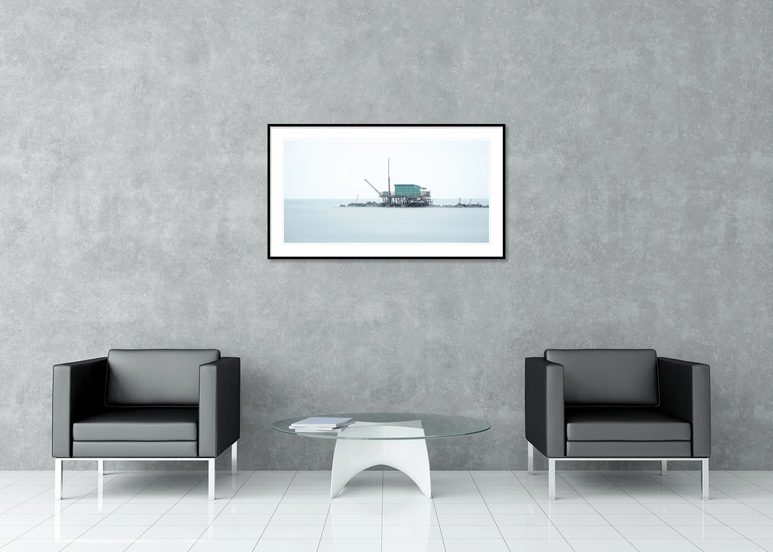 Gerald Berghammer - Retoni, long exposure seascape, stilt house, Marina di Pisa, Archival pigment print, aluminium frame, passe-partout, anti reflex glass