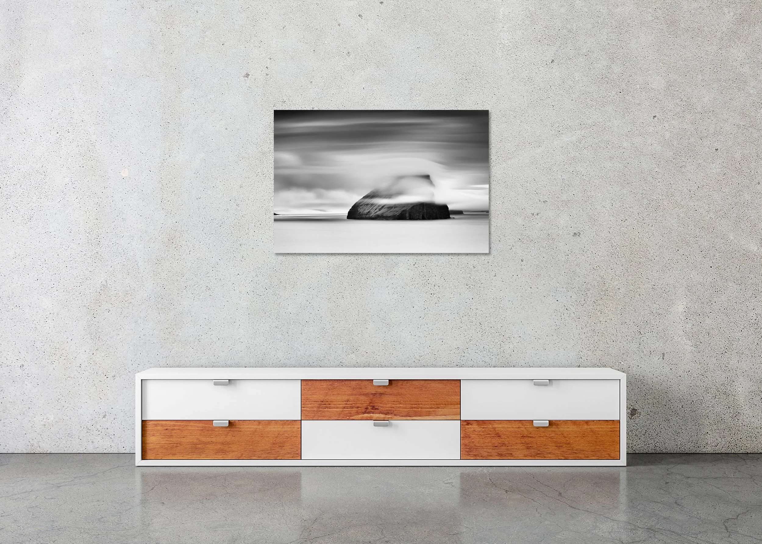 Black and white long-exposure print of a sea stack in the Faroe Islands, photo print mounted to Dibond, frameless