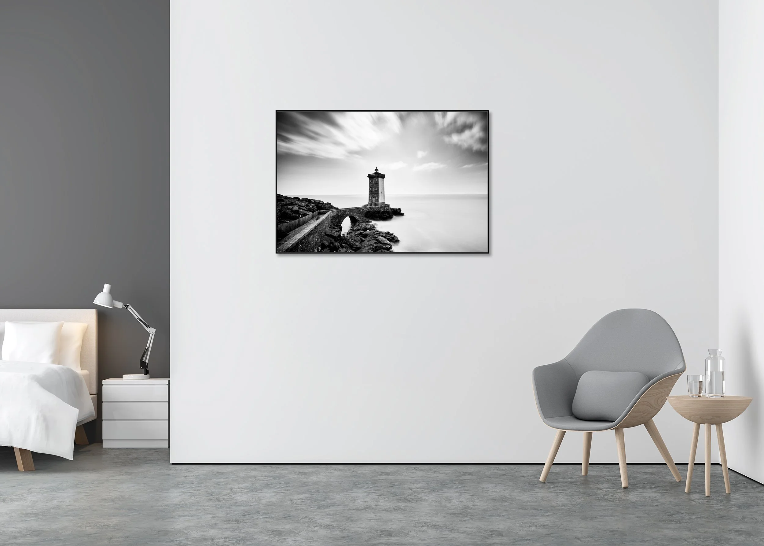 Black-and-white long-exposure photo of a coastal lighthouse on rocky cliffs, linked by a stone bridge, with calm sea and blurred clouds, ChromaLuxe metal print, aluminium ArtBox
