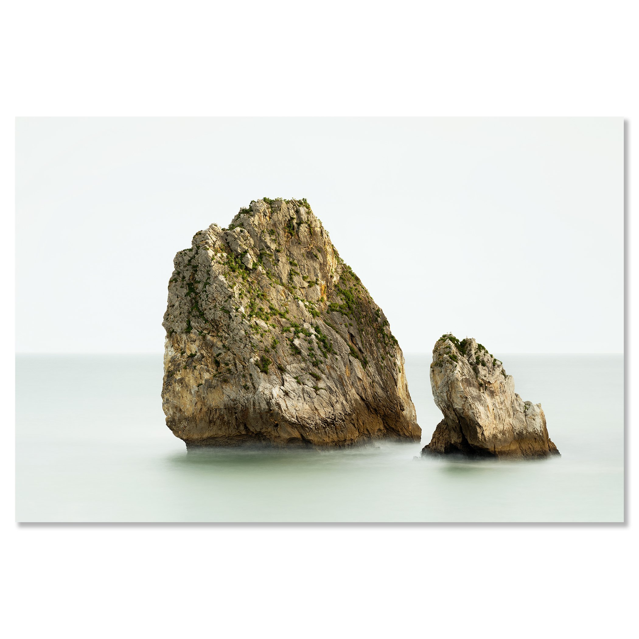 Two Rocks in the Sea Study 1 by Gerald Berghammer displayed as a frameless colour photograph mounted on aluminium Dibond.