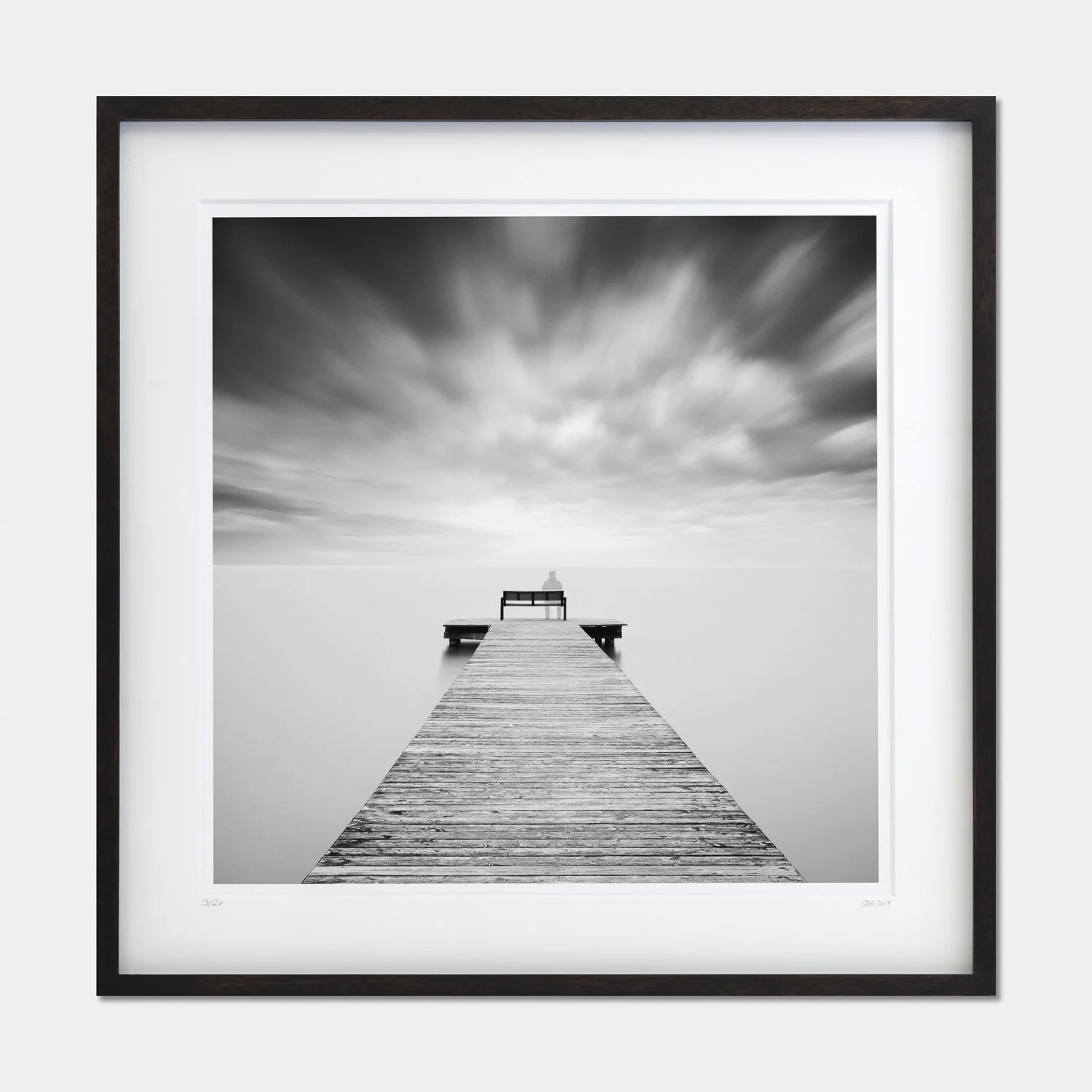 Framed Self Portrait Study 2 by Gerald Berghammer, black-and-white photograph of a wooden pier and solitary figure in Austria