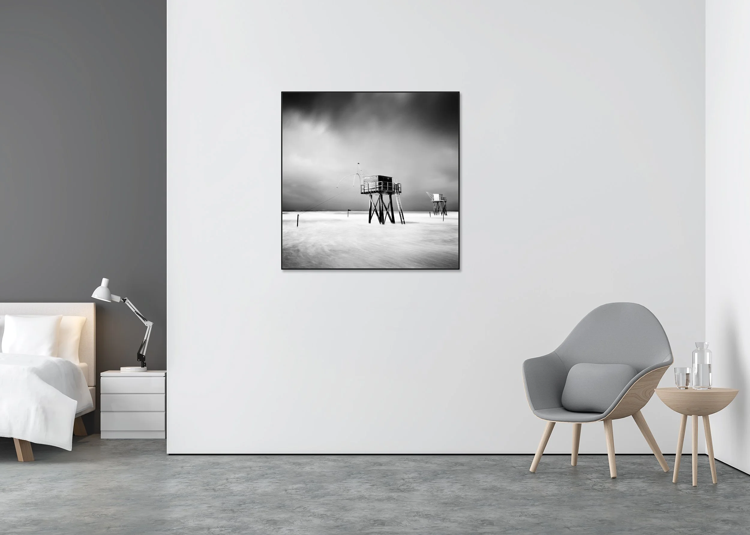 Fishing Hut on Stilts Study 1 displayed in a modern interior, mounted on aluminium Dibond in a black ArtBox frame by Gerald Berghammer.