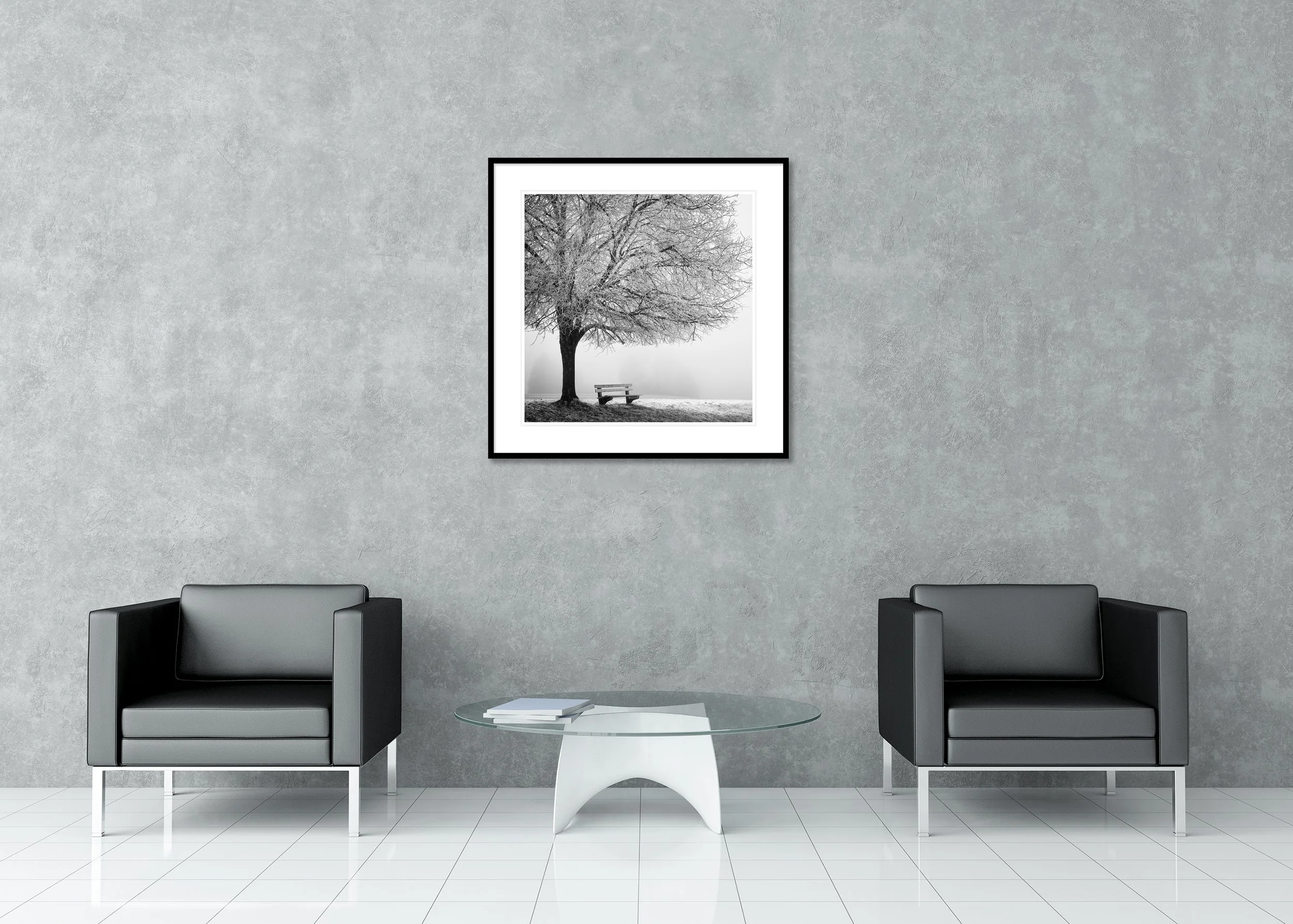 Cold Foggy Winter Morning Study 1 displayed in a modern interior as an archival pigment print in a black aluminium frame with a white mount by Gerald Berghammer.