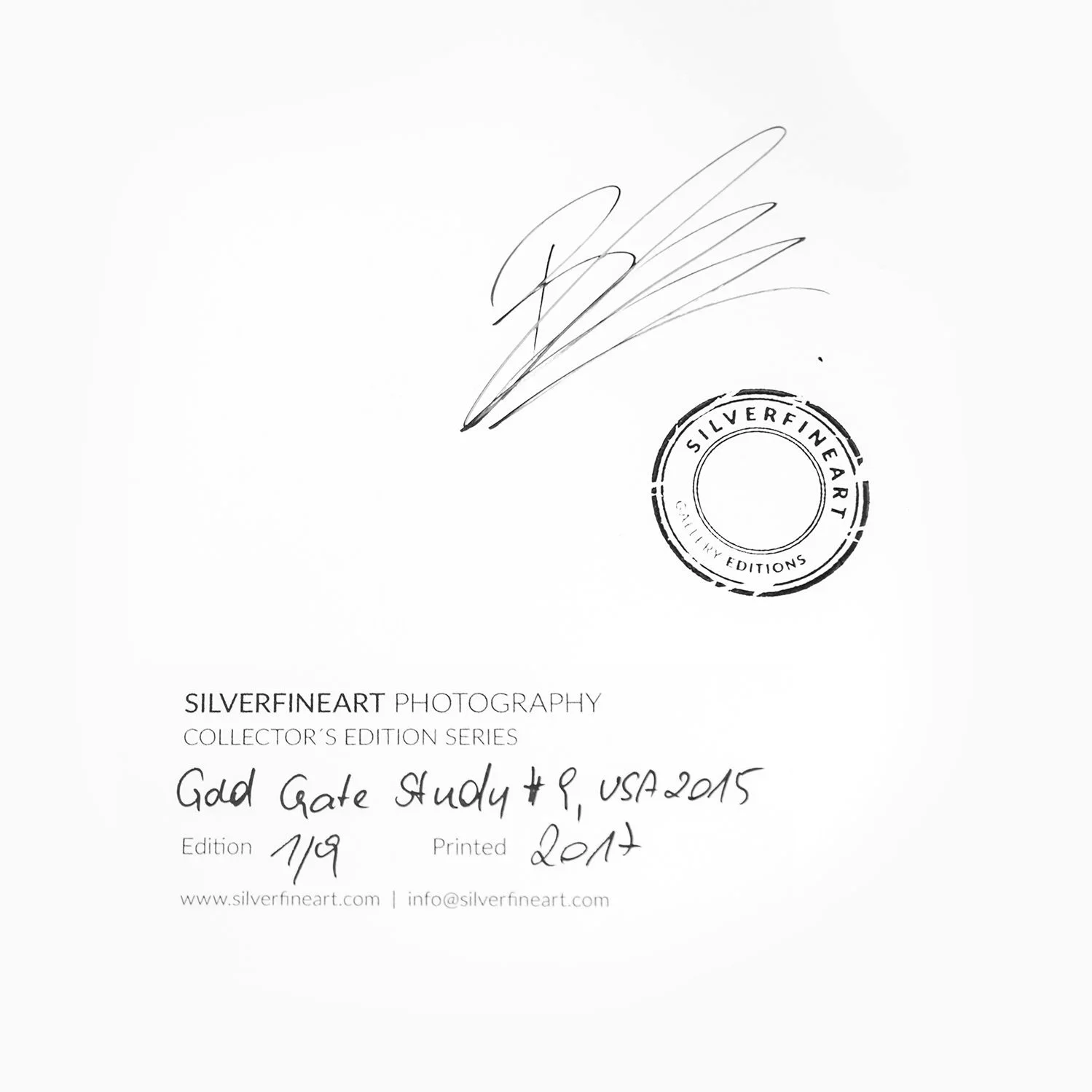 Golden Gate Study 9 by Gerald Berghammer – close-up of the artist’s signature, SILVERFINEART stamp, edition 1/9 and print date 2017.