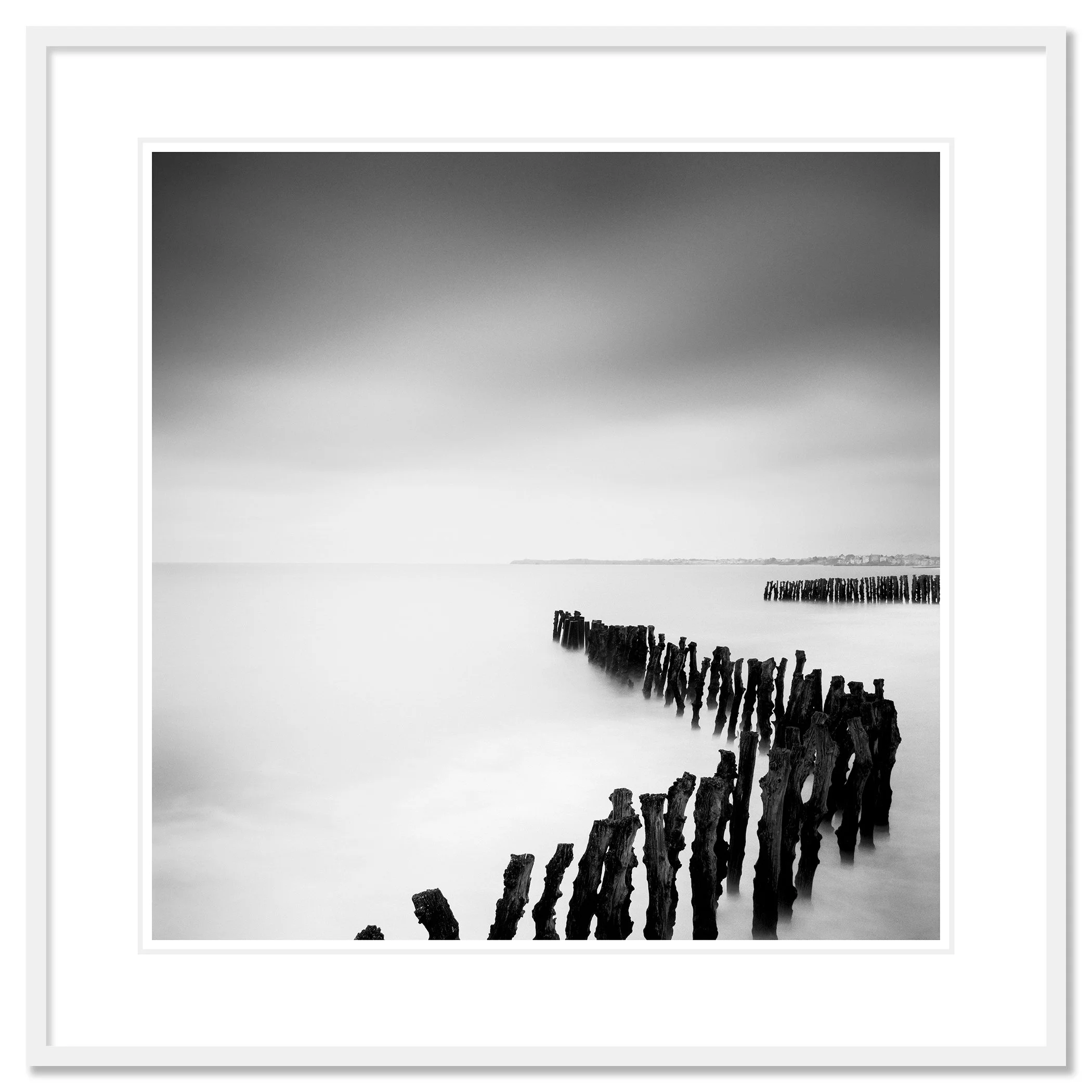Sea Breakers black-and-white fine art print in a white aluminium frame with a white mount by Gerald Berghammer.