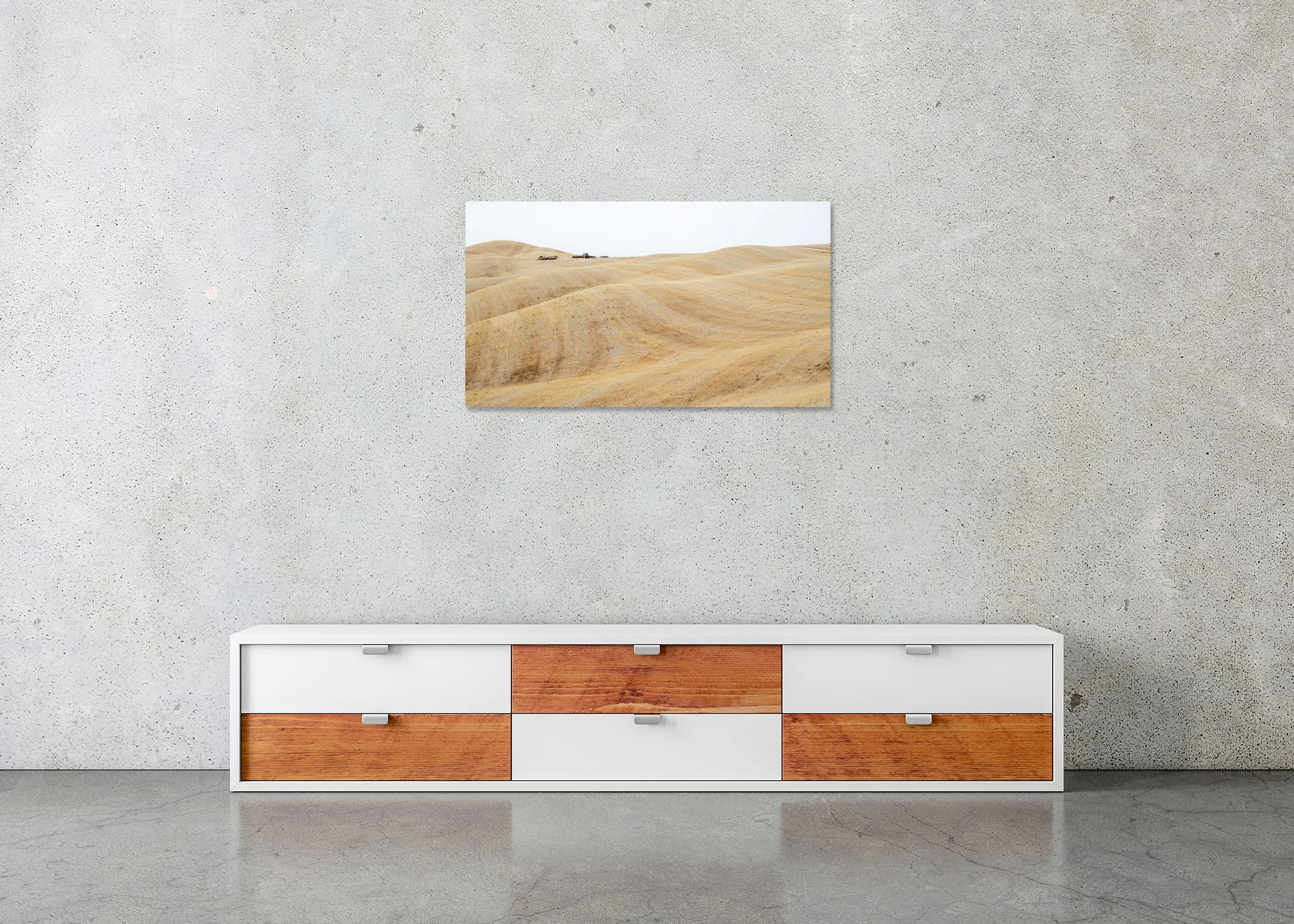 Rolling Hills Study 1 displayed in a modern interior as a frameless colour artwork mounted on aluminium Dibond by Gerald Berghammer.