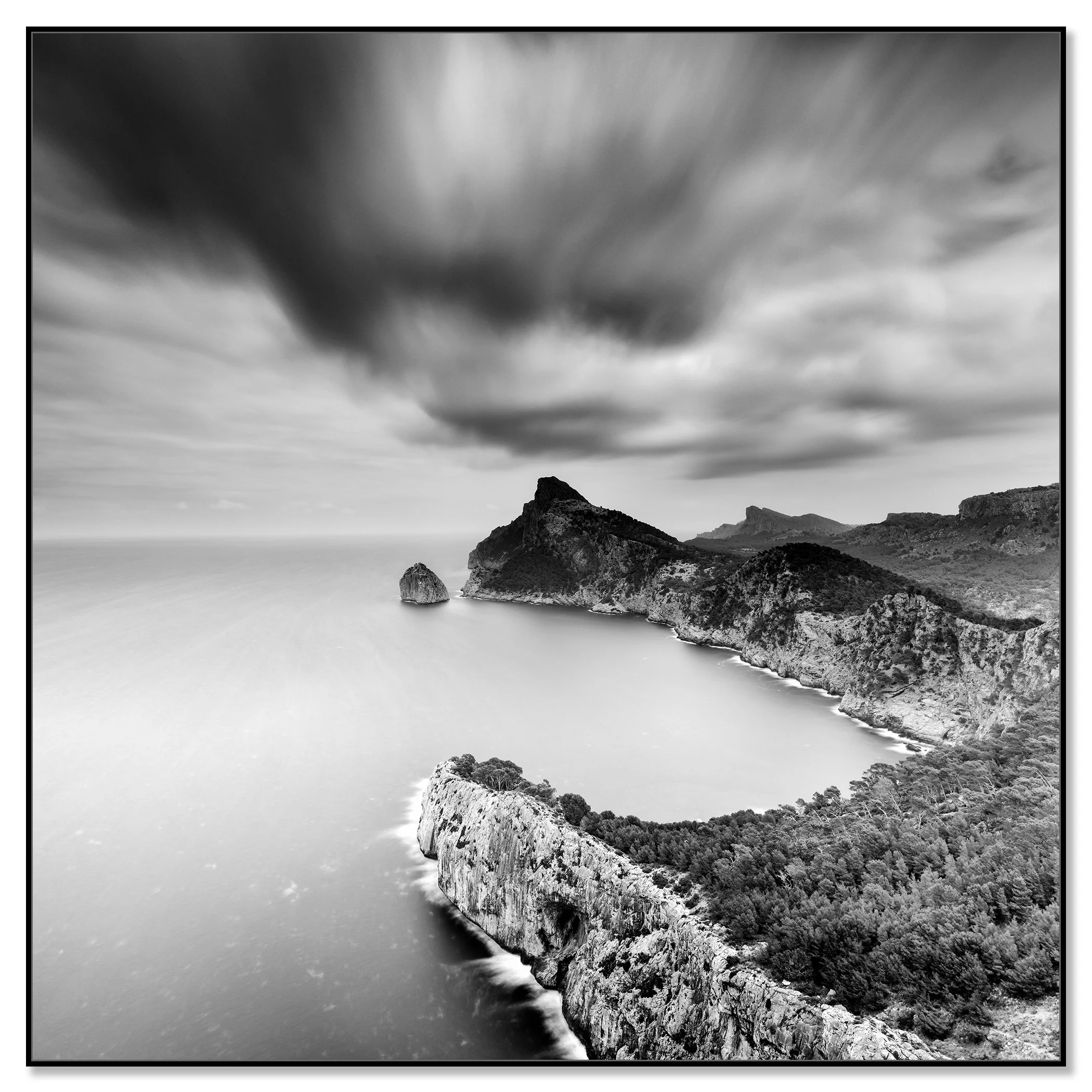 Black-and-white photo of Mallorca’s Mirador Es Colomer cliffs, cove beach, rugged coast under cloud – framed ArtBox black