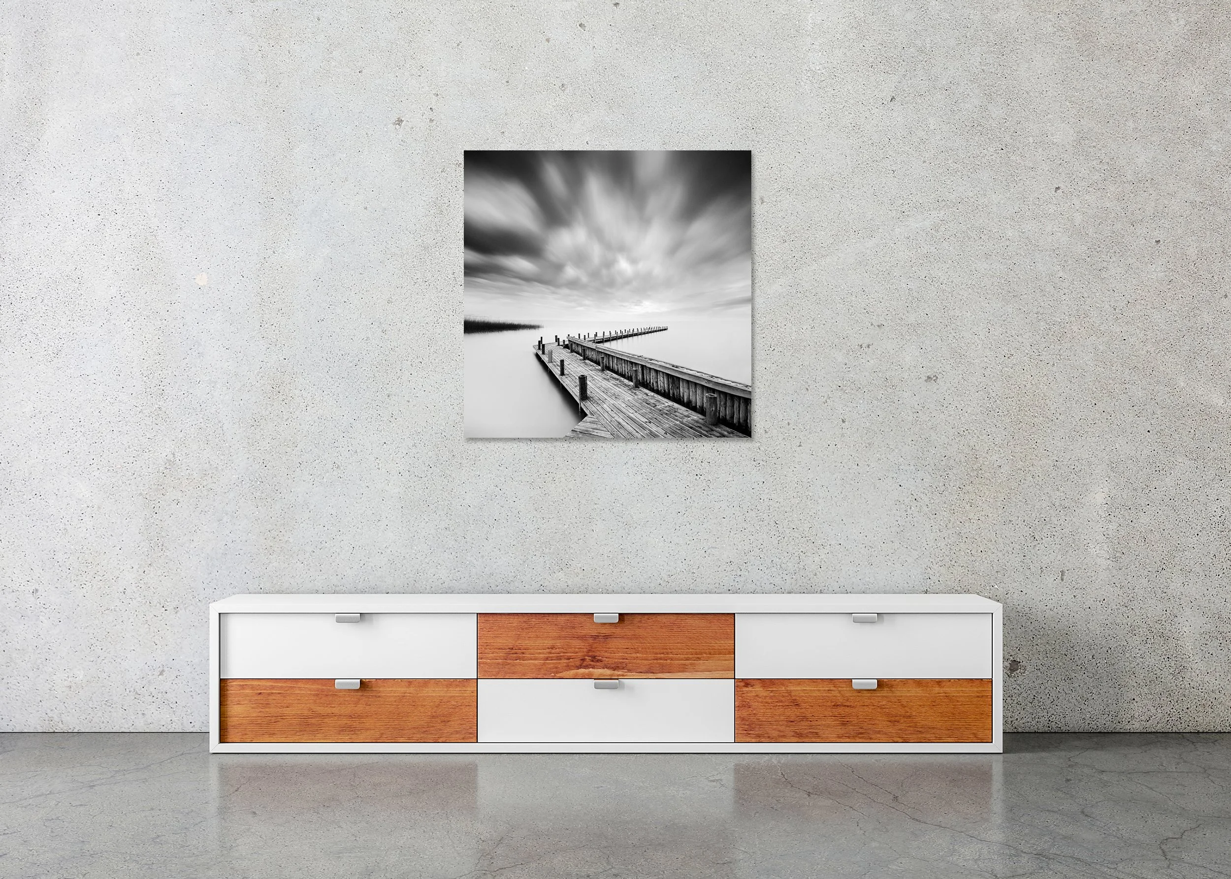 Wood Pier Study 1 displayed frameless on a wall, mounted on aluminium Dibond; photograph by Gerald Berghammer.