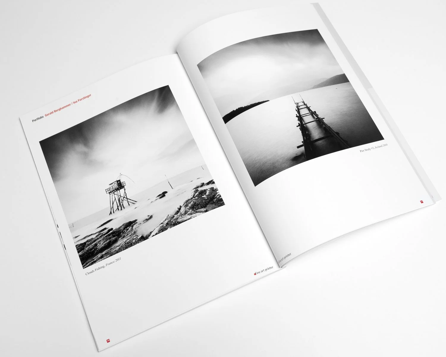 Fine Art Printer magazine spread featuring minimalist black-and-white seascape photographs from Scotland and Portugal by Gerald Berghammer.