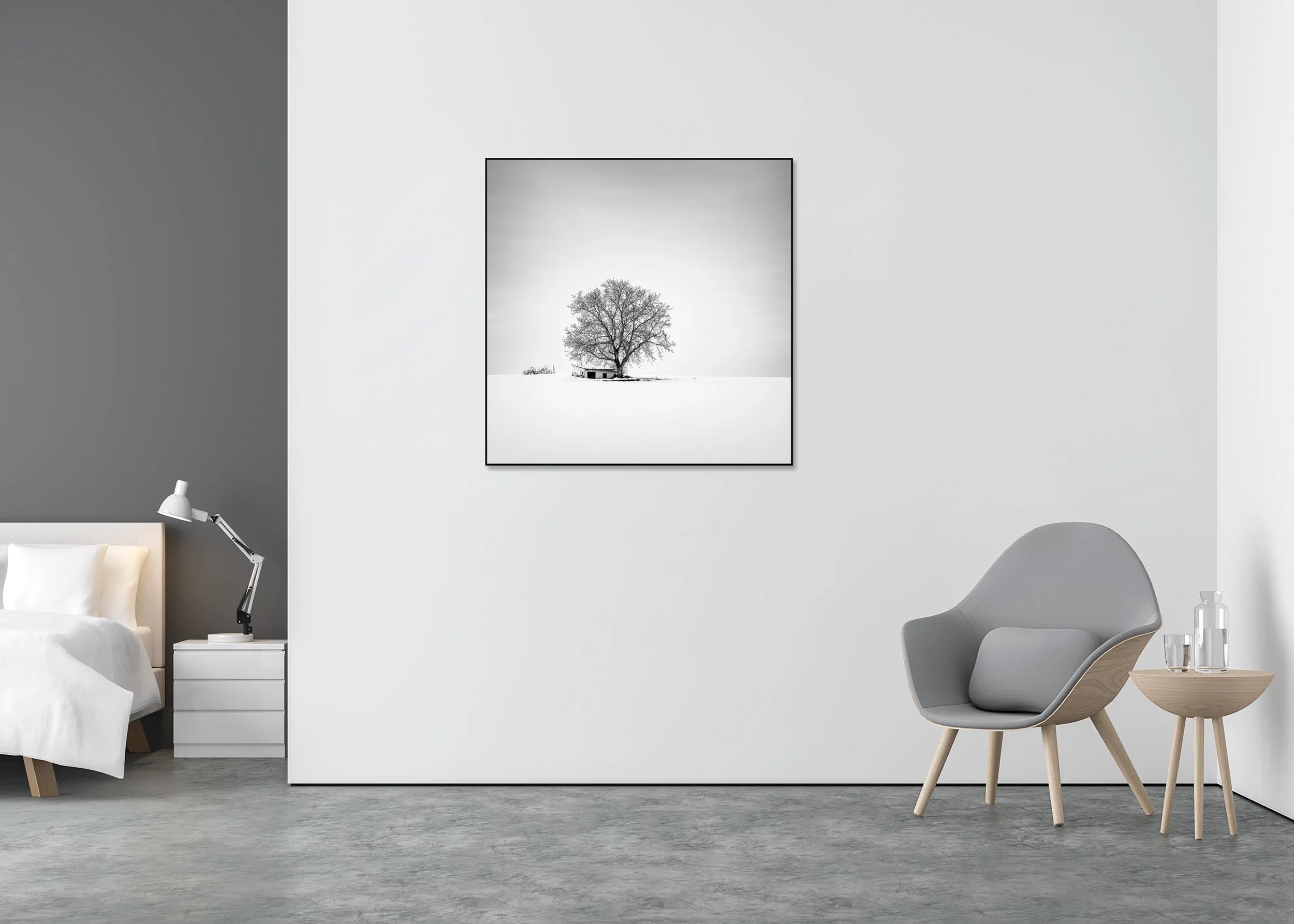 Wine Press House Winter Study 2 by Gerald Berghammer displayed as a black-and-white Dibond print in an aluminium ArtBox frame.