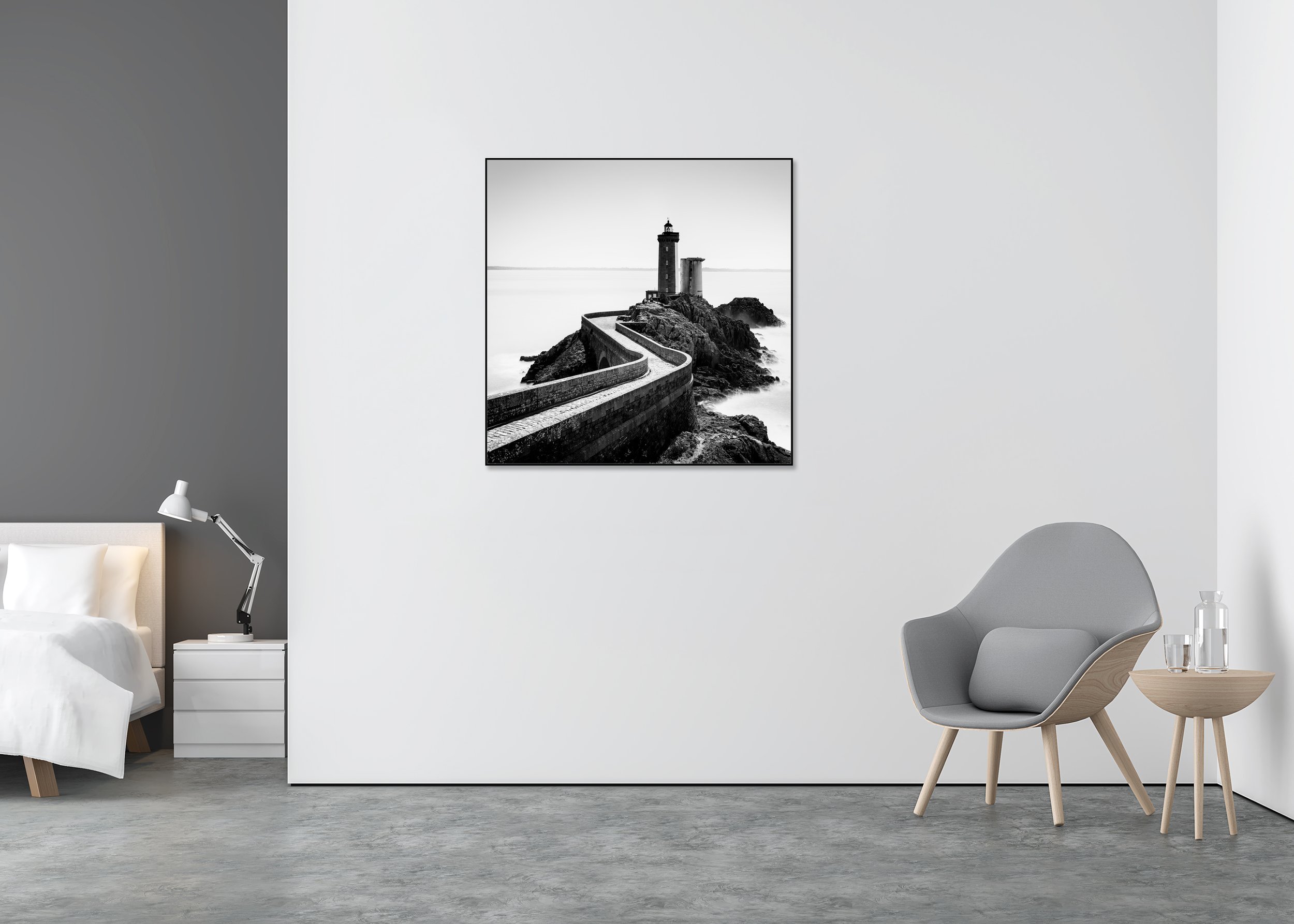 Petit Minou Lighthouse Study 1 displayed in a modern interior, mounted on aluminium Dibond in a black ArtBox frame by Gerald Berghammer.