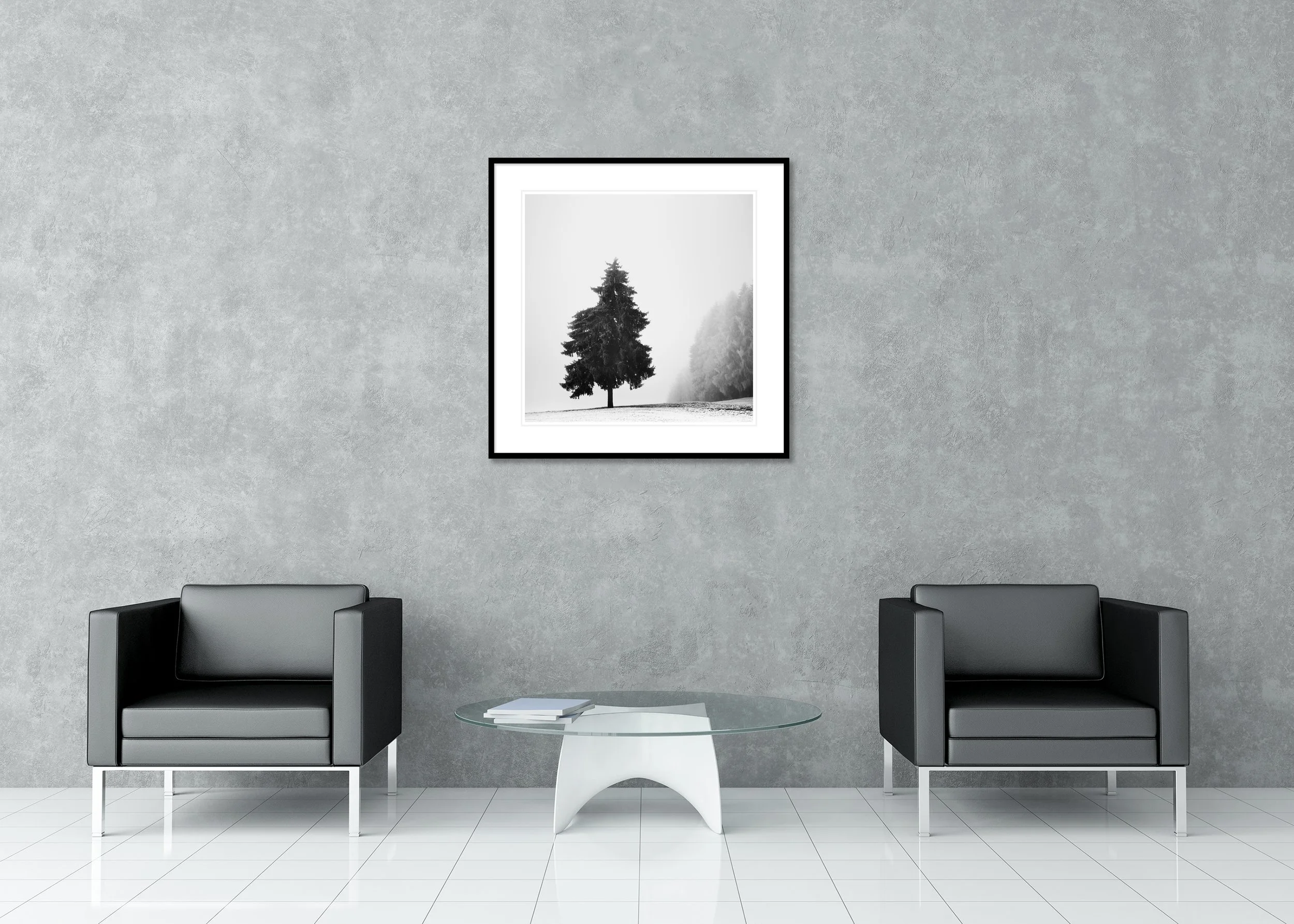 Christmas Tree Study 1 displayed in a modern interior as an archival pigment print in a black aluminium frame with a white mount by Gerald Berghammer.