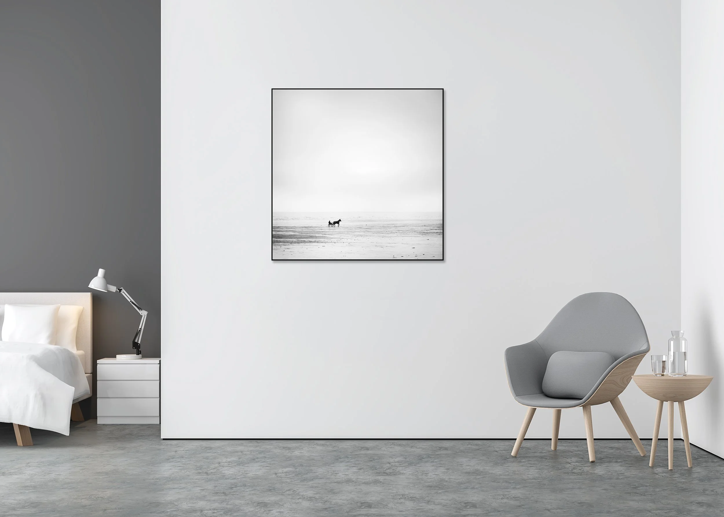 Minimalist black and white photo of a horse pulling a small cart across an empty beach under a foggy sky, photo print mounted to Dibond in an aluminium ArtBox