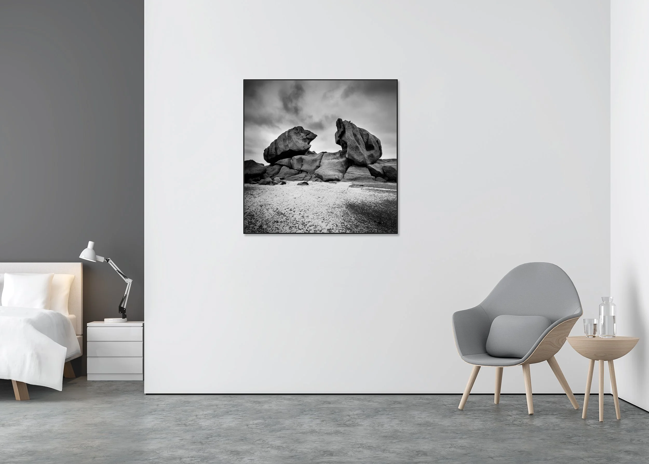 Crab Claws Rock Study 1 displayed in a modern interior as a black-and-white Dibond print in a black aluminium ArtBox frame by Gerald Berghammer.