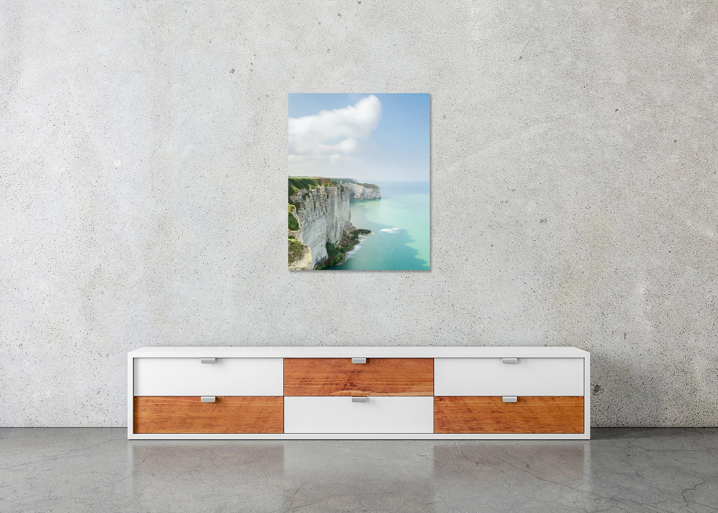 White Cliffs of Étretat Study 2 displayed in a modern interior as a frameless colour artwork mounted on aluminium Dibond by Gerald Berghammer.