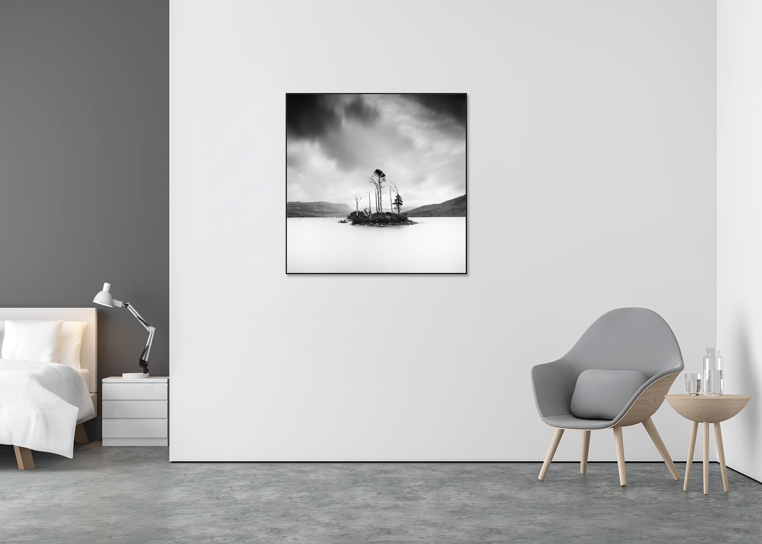 Drowned Island Study 1 displayed in a modern interior, mounted on aluminium Dibond in a black ArtBox frame by Gerald Berghammer.