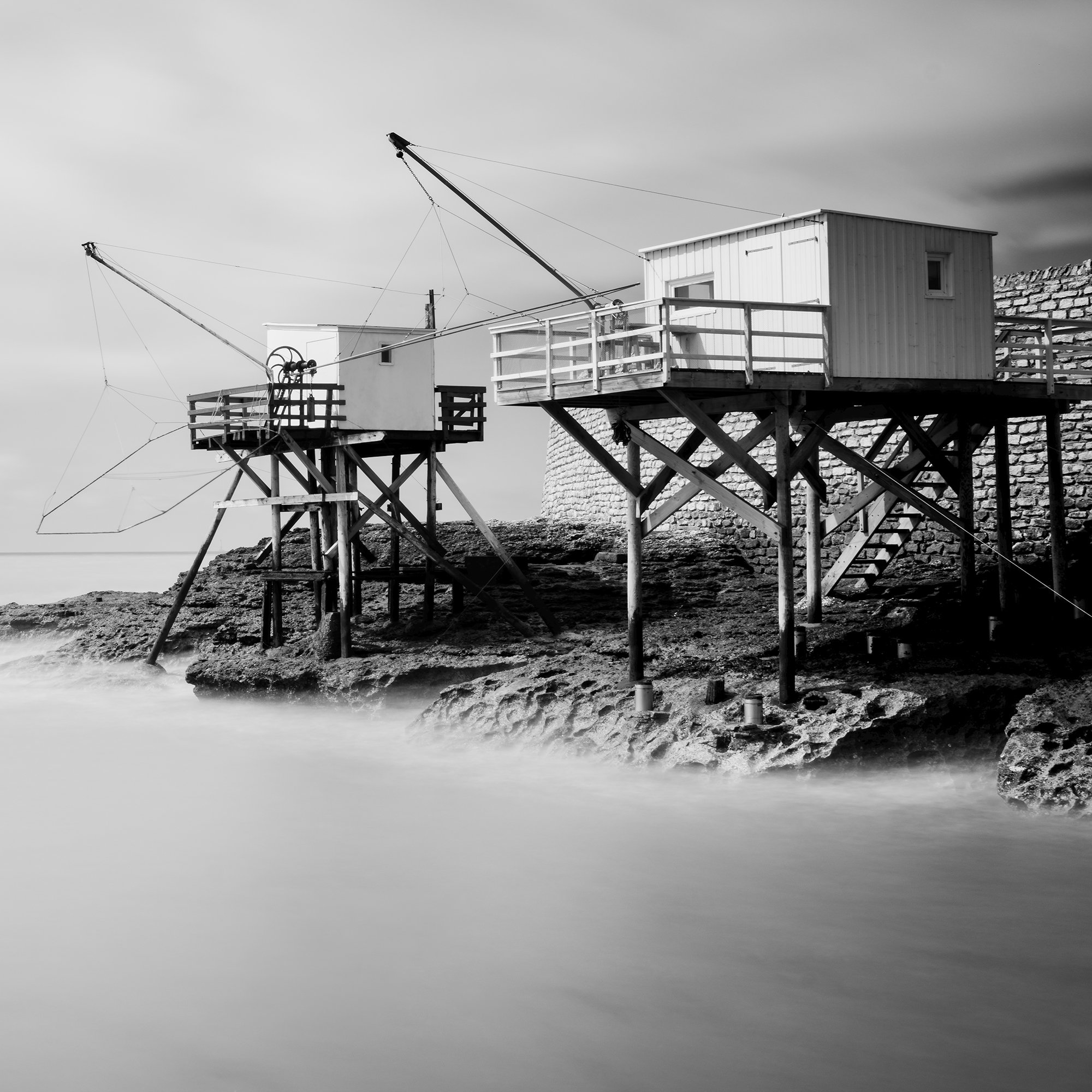 Detail view of the carrelet fishing huts in Carrelet Study 1 by Gerald Berghammer.