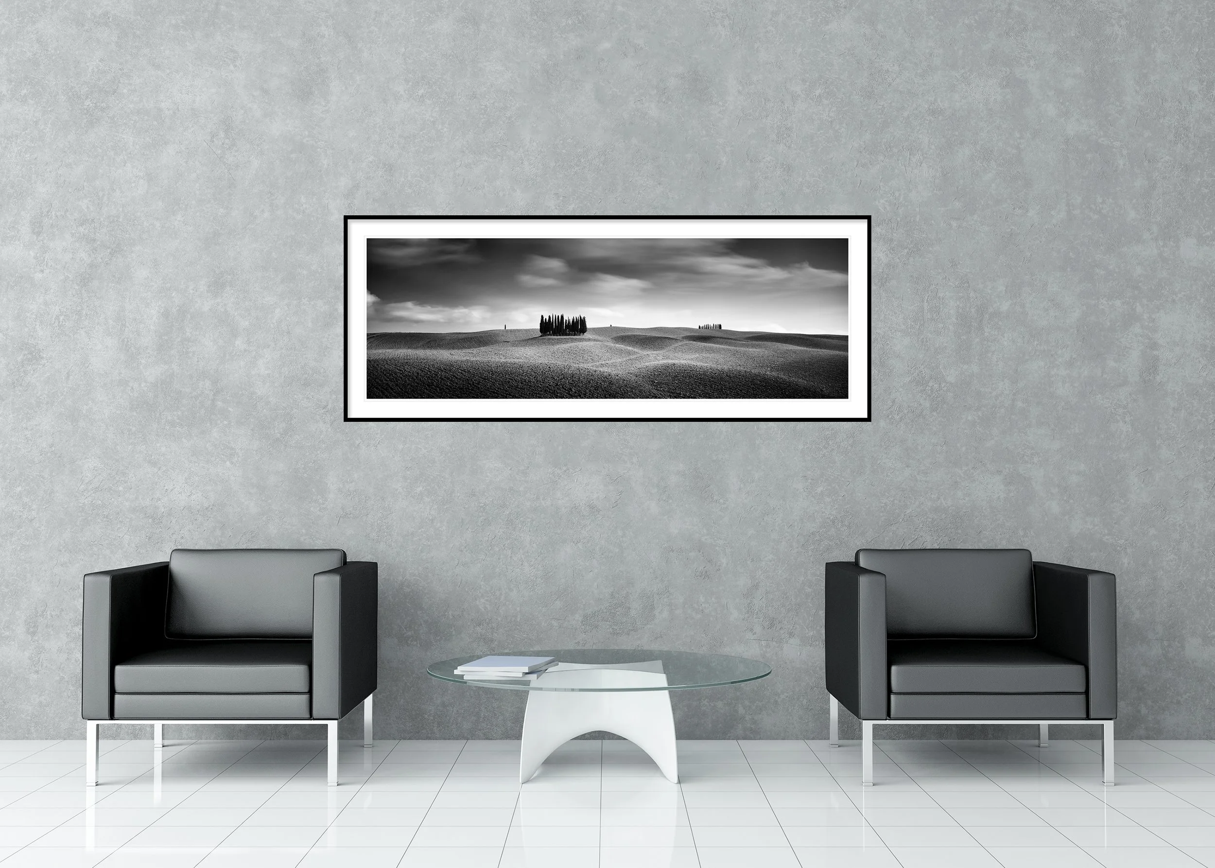 Cypress Hill Panorama Study 2 – Tuscany, Italy, black-and-white archival pigment print in a classic frame with a mount and anti-reflective glass