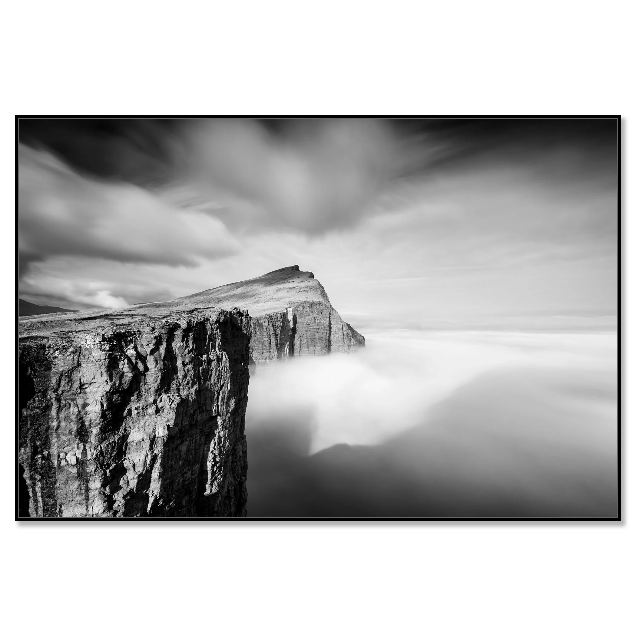 Foggy Slave Cliff, Study 1 – black-and-white Dibond print in a black aluminium ArtBox by Gerald Berghammer.