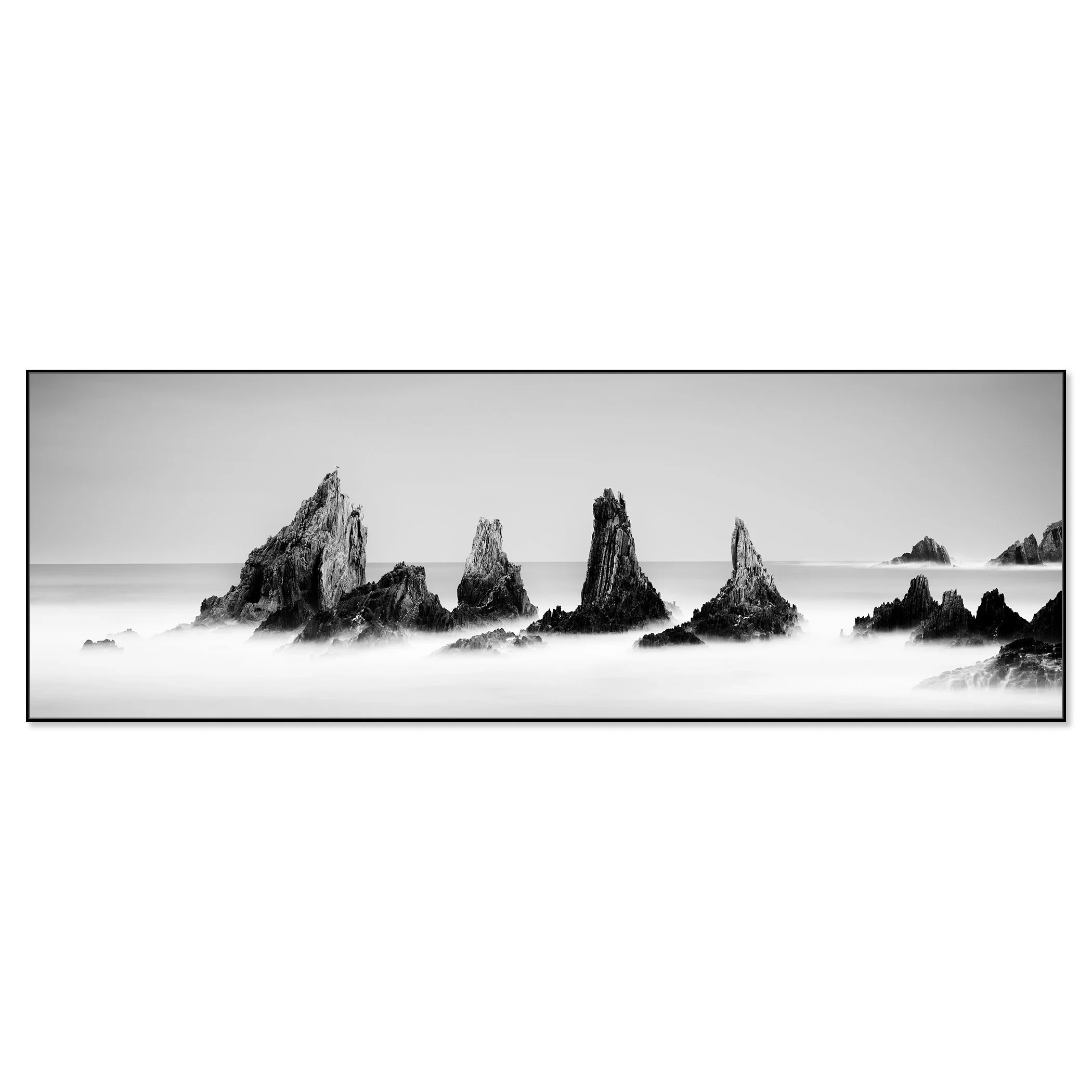 Rocky Peaks, Panorama Study 3 – black-and-white Dibond print in a black aluminium ArtBox.